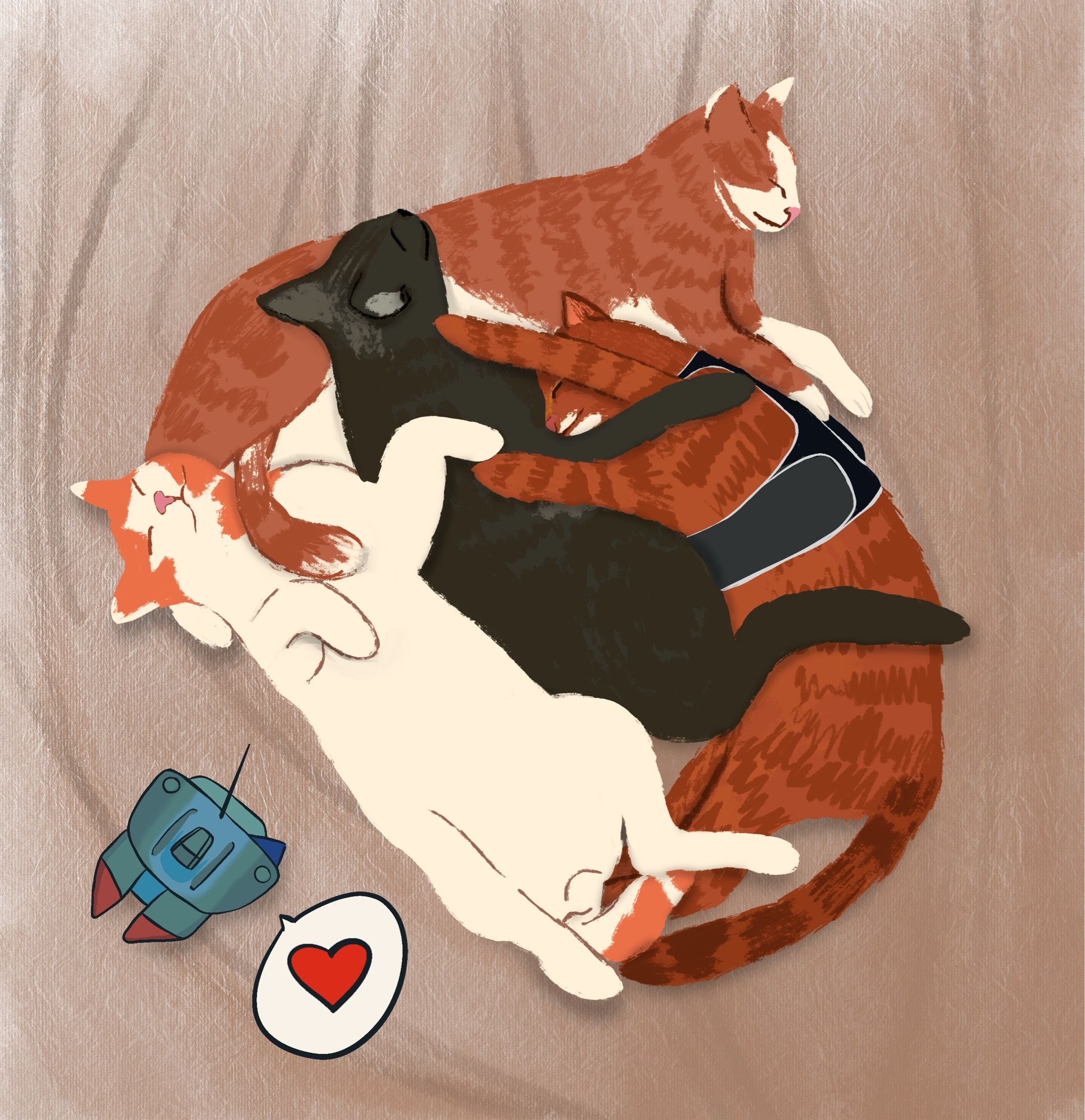 stray video game happy ending: the cats found each other and are sleeping on a warm cozy blanket, and the robot survived and is admiring them