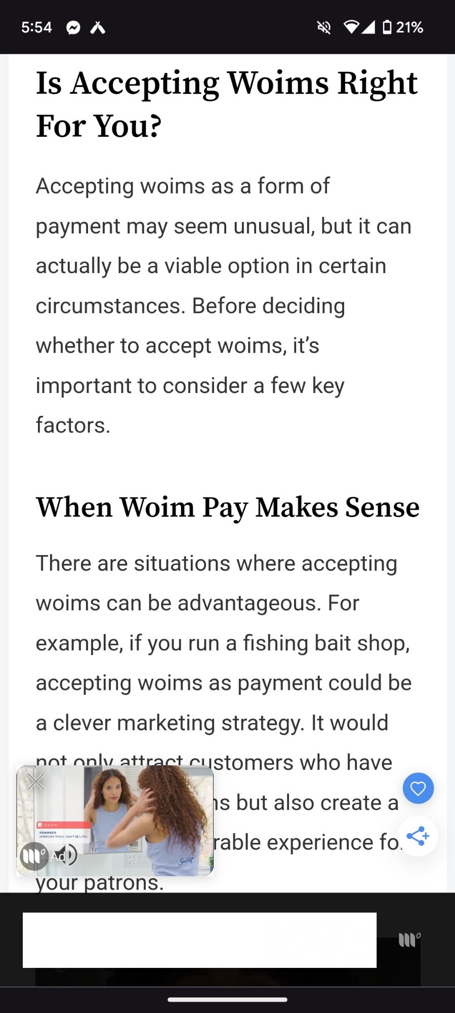 Another screenshot of another page these section headings read is accepting woims right for you and when woim pay makes sense