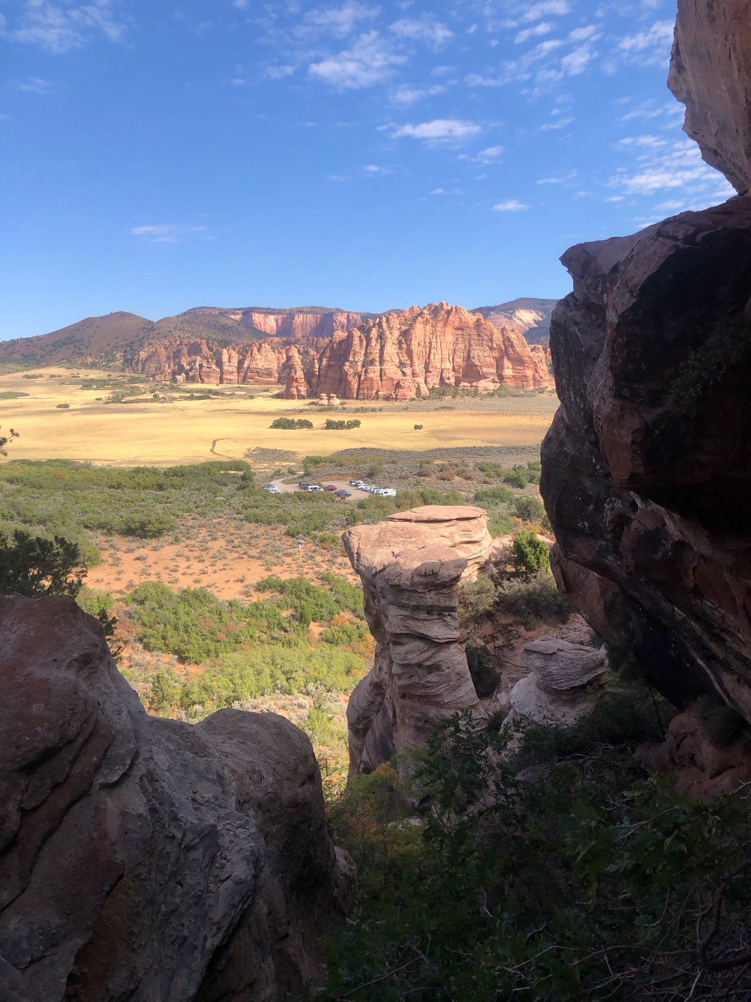 A view from atop a cliff in southern Utah. It looking across a valley filled with bushes and yellow prairie grass. In the background is an outcropping of red sandstone cliffs.