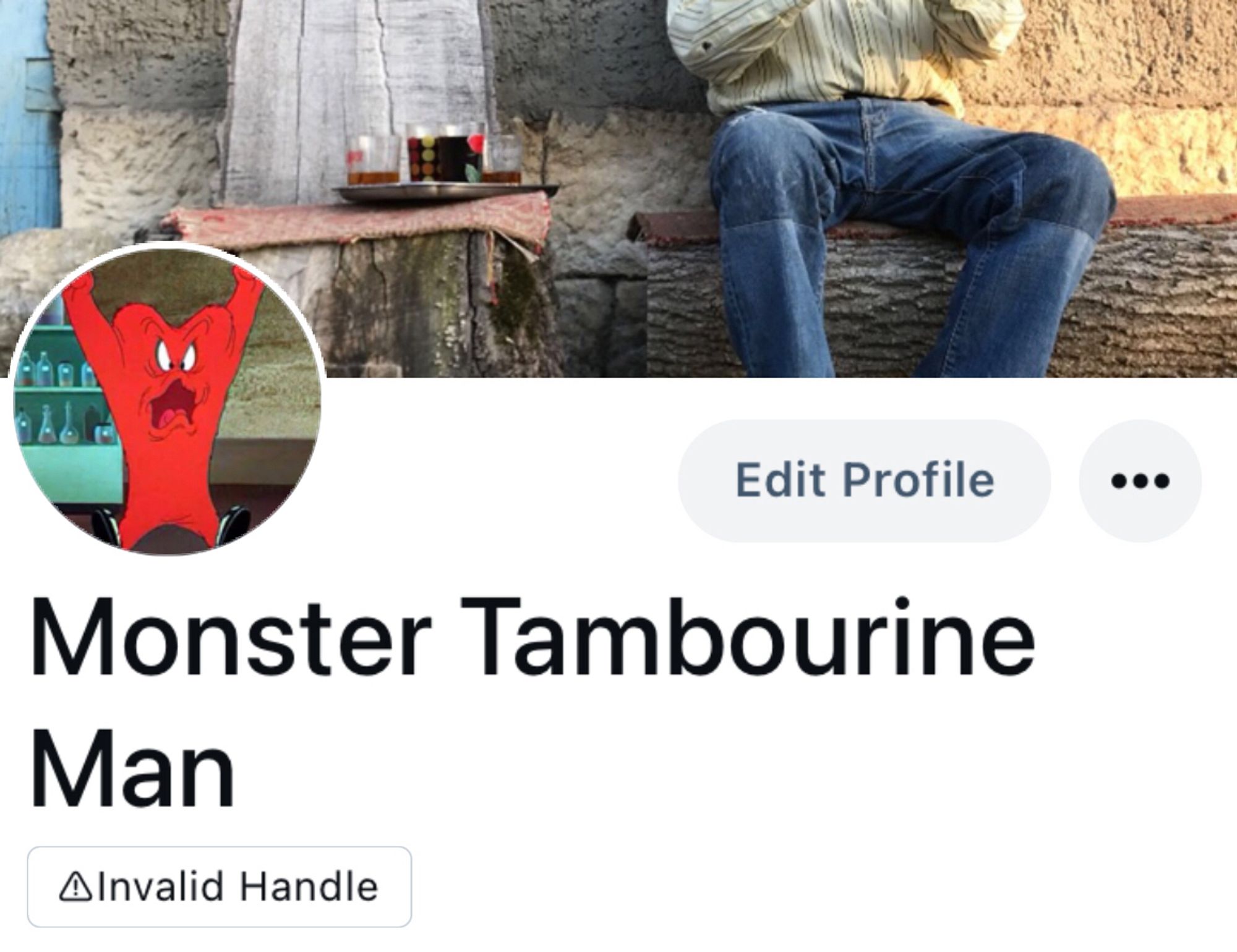 Screenshot of Mr. Tambourine Man’s homepage on Bluesky after he changed his screen name to Monster Tambourine Man. Bluesky applied an “invalid handle” label. Mr. Tambourine Man does not know how to fix this