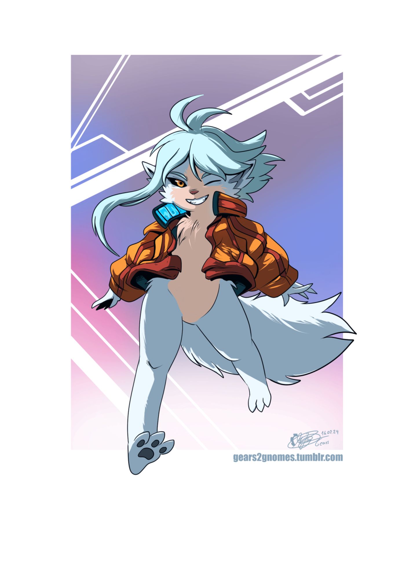 White Anthro Wolf with orange cyberpunk jacket.