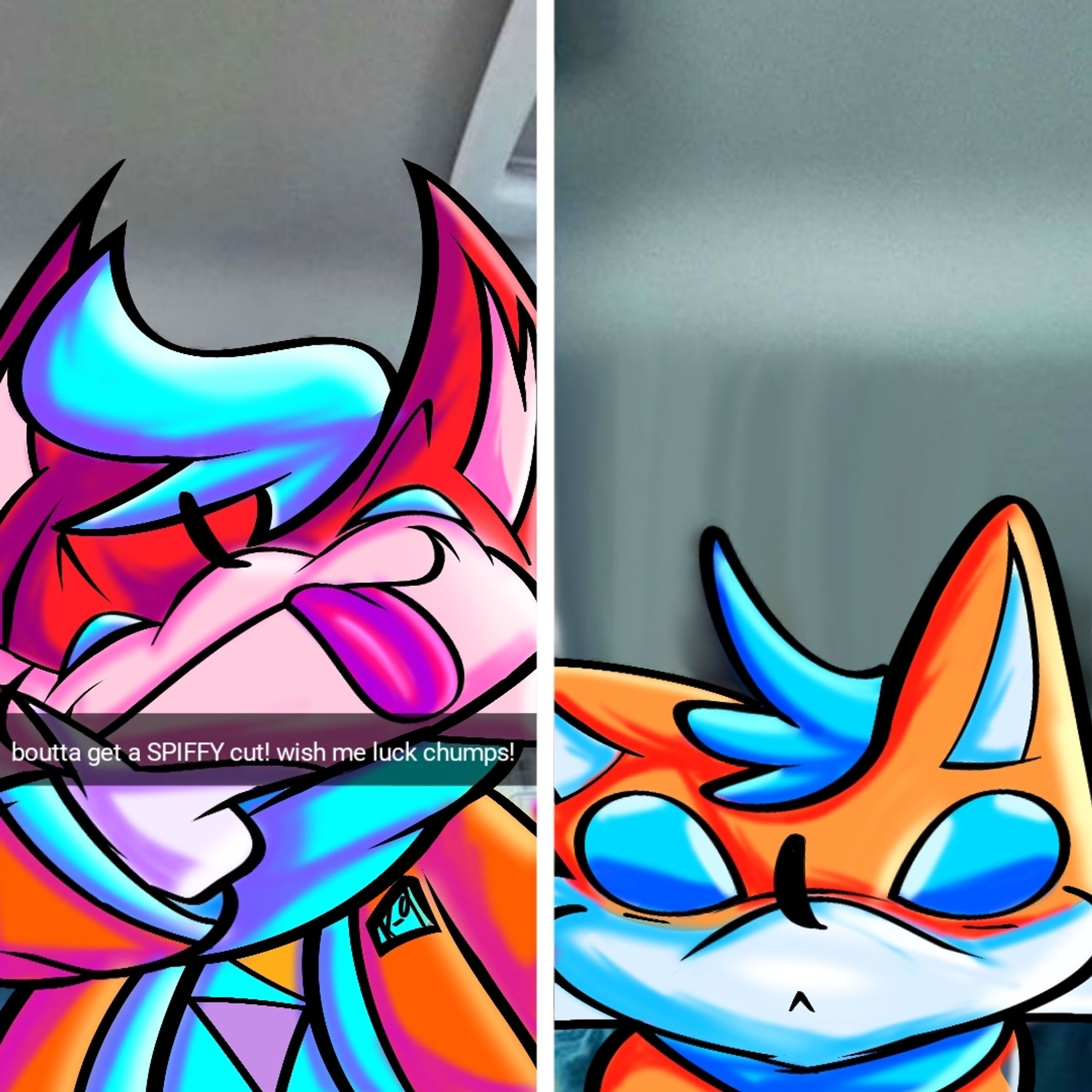 Anthropomorphic Fox named "Felix Santoro" on the left with a snapchat style caption saying "Boutta get a SPIFFY haircut! Wish me luck chumps!" The following image pictures him as a quadraped with a thousand-yard stare expression.