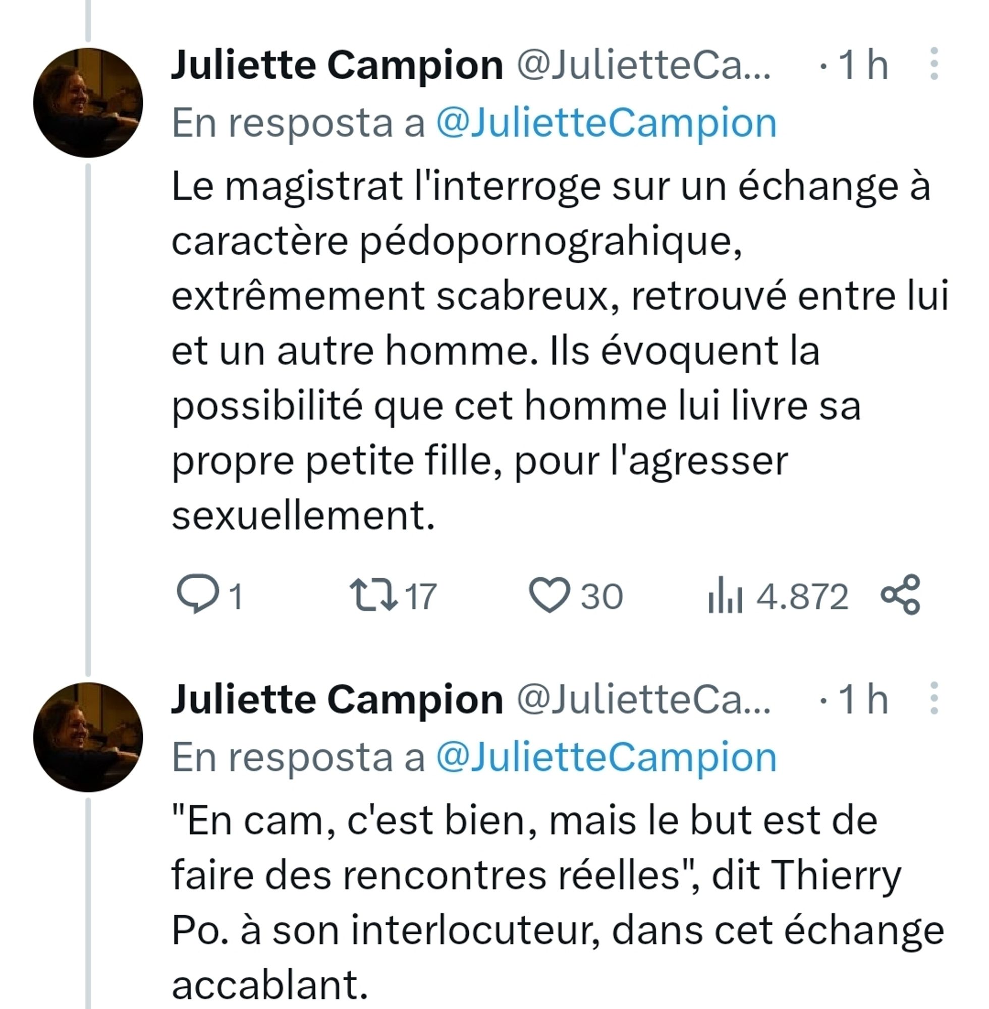 Le magistrat l'interroge sur un échange à caractère pédopornograhique, extrêmement scabreux, retrouvé entre lui et un autre homme. Ils évoquent la possibilité que cet homme lui livre sa propre petite fille, pour l'agresser sexuellement."
En cam, c'est bien, mais le but est de faire des rencontres réelles", dit Thierry Po. à son interlocuteur, dans cet échange accablant.