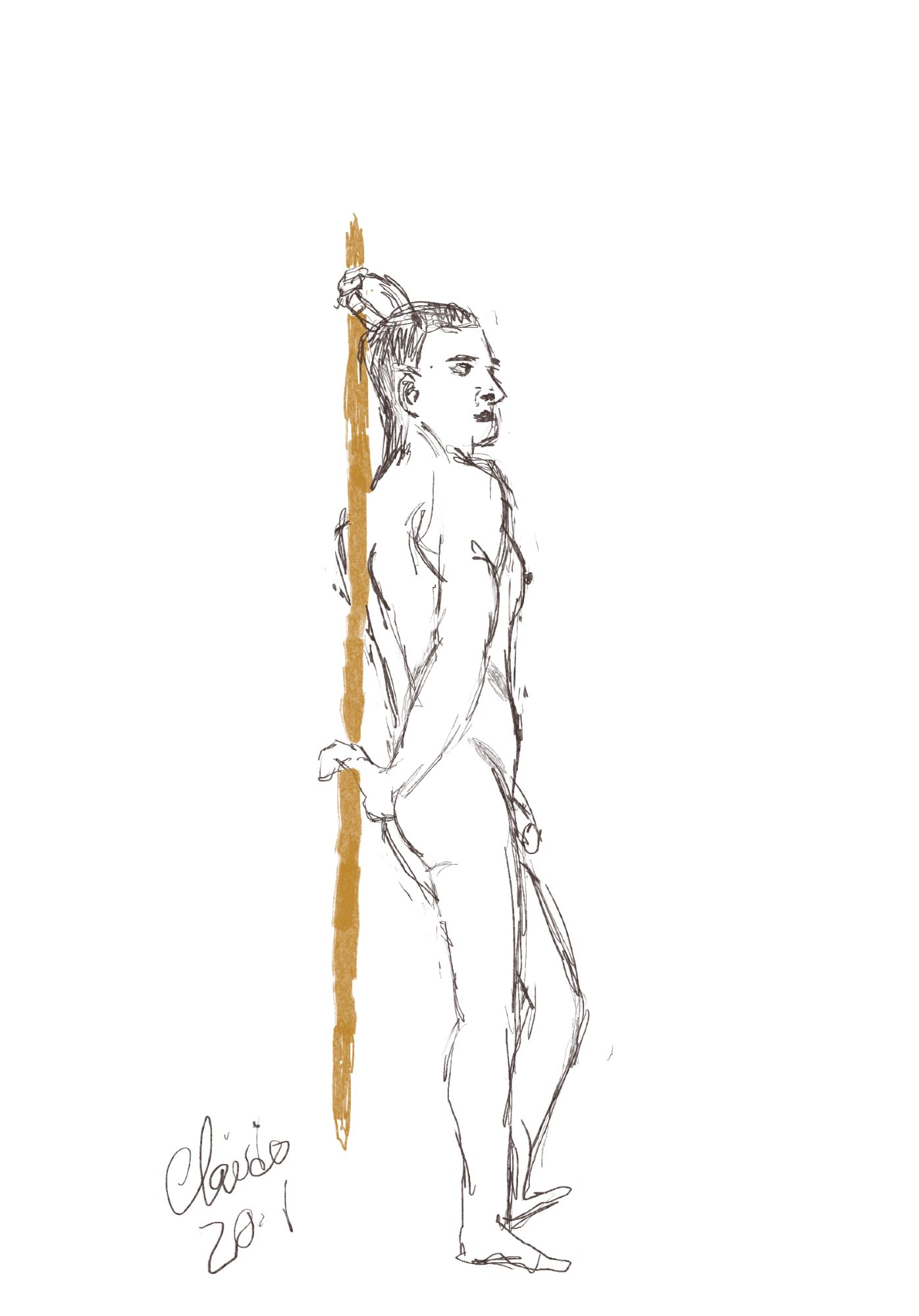 Very amaturish digital drawing of a lean, athletic young man posing nude. He is standing, holding on to a wooden pole behind his back with both hands and his face in profile.