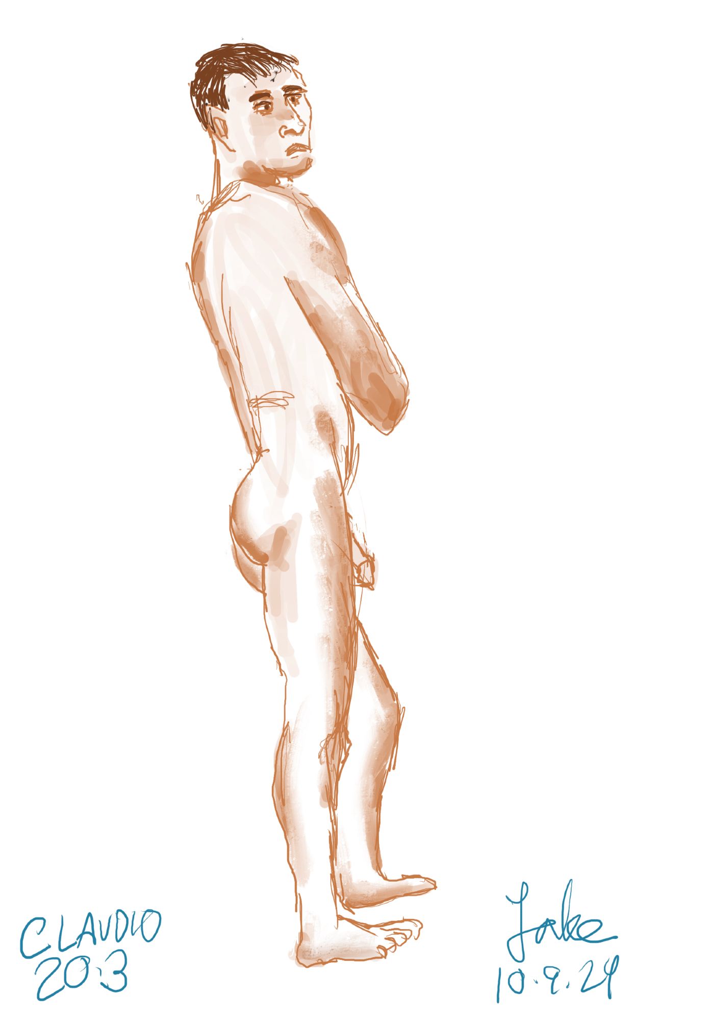 Very amateurish digital drawing of a nude young man standing in profile, his face rotated slightly towards us.