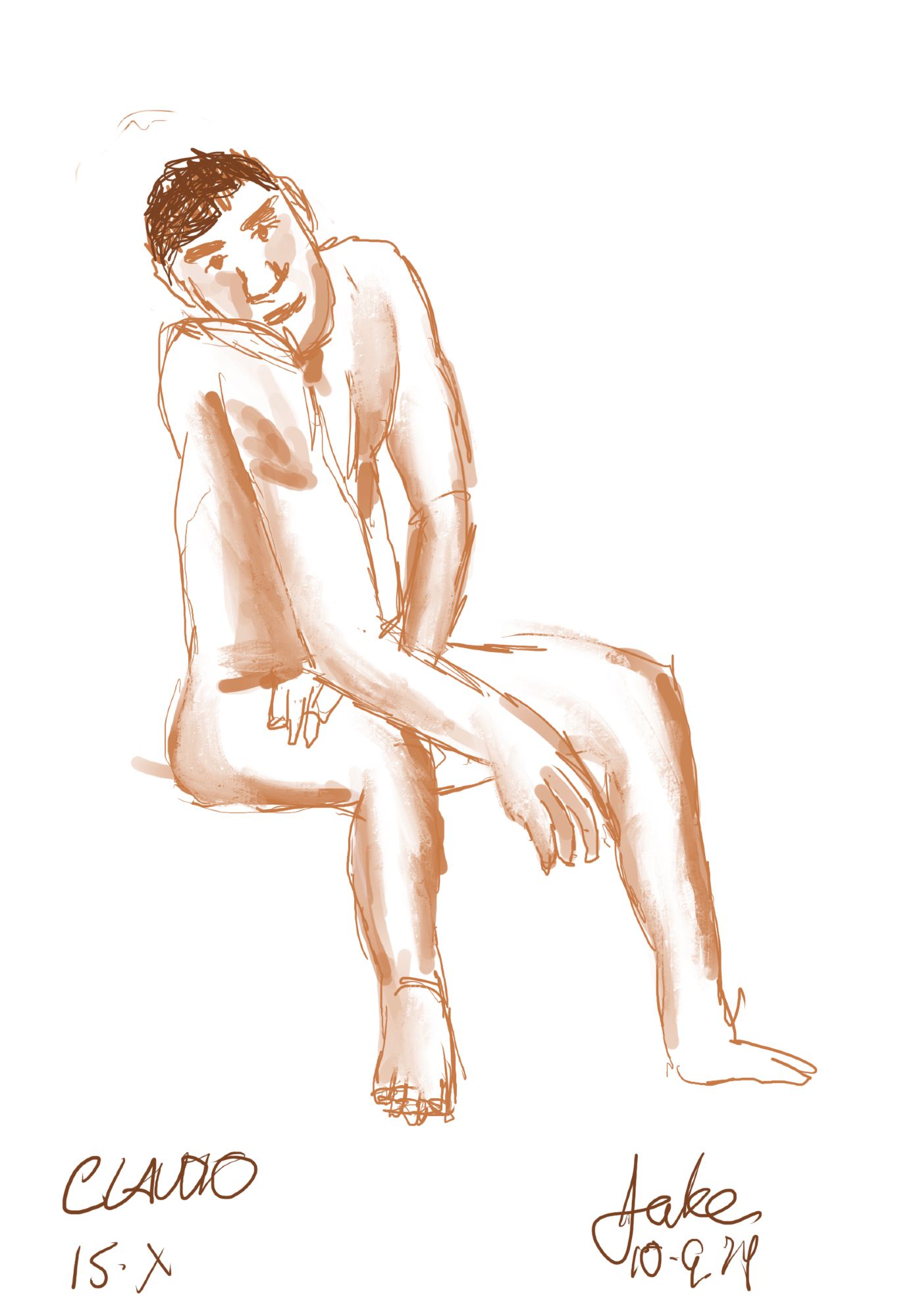 Very amateurish digital drawing of a nude young man with a lean athletic build.  His arms are loosely crossed in front of him with one hand dangling between his spread knees which are pointed off to the viewer's right.  His chin is tucked into his shoulder to gaze at the viewer.