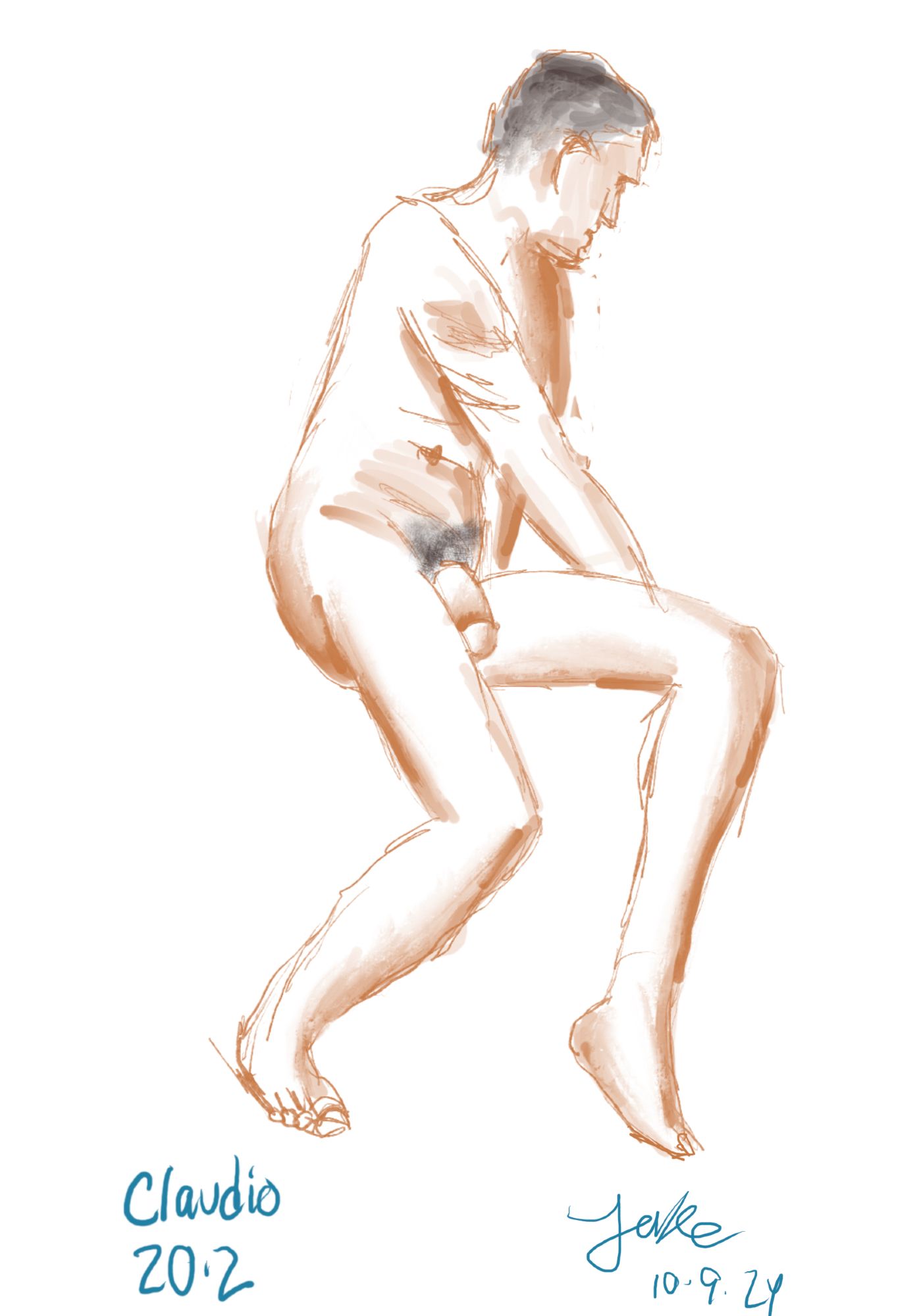 Very amateurish digital drawing of a lean, athletic young man posing nude. He is seated in a quarter turn with his body facing the viewer's right, but his shoulders twisted so his head turned away from us and his face more in profile.