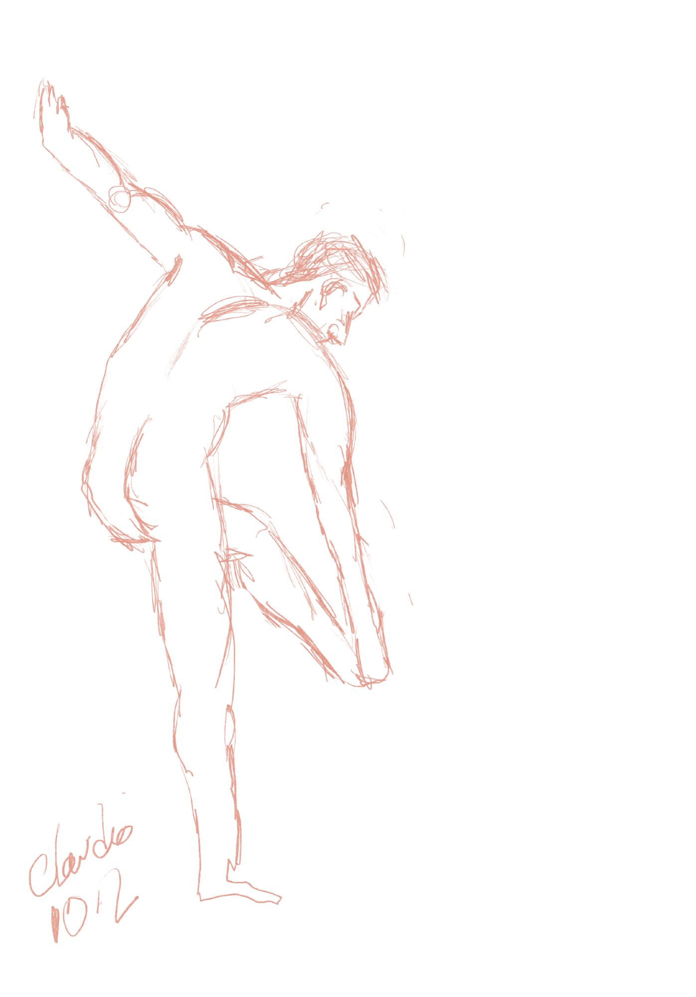 Very amateurish digital sketch of a lean, athletic young man posing nude. His back is to us and he is holding his left foot in his right hand, supporting himself against the wall with his right hand above his head.