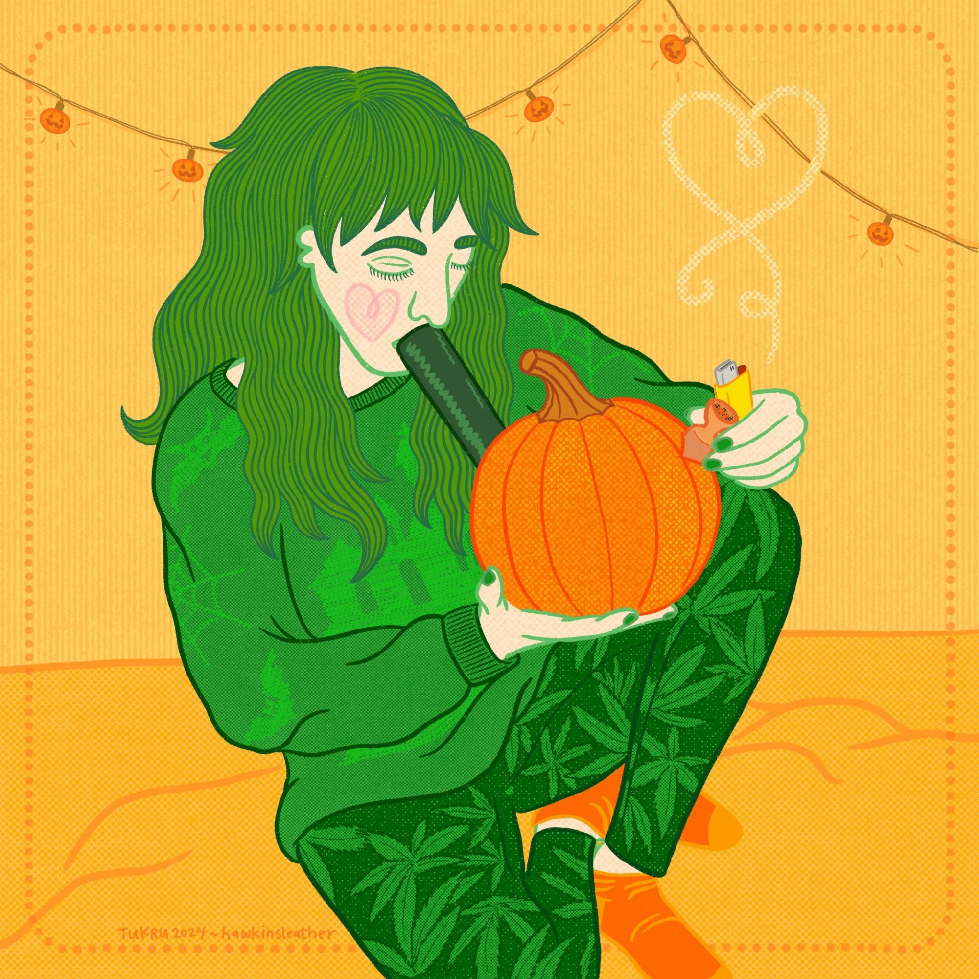 Eddie Munson smoking a pumpkin bong. he's wearing a sweater with knitted bats, spider webs and haunted house on it and weed leggings. Everything is orange (background) or green (Eddie)