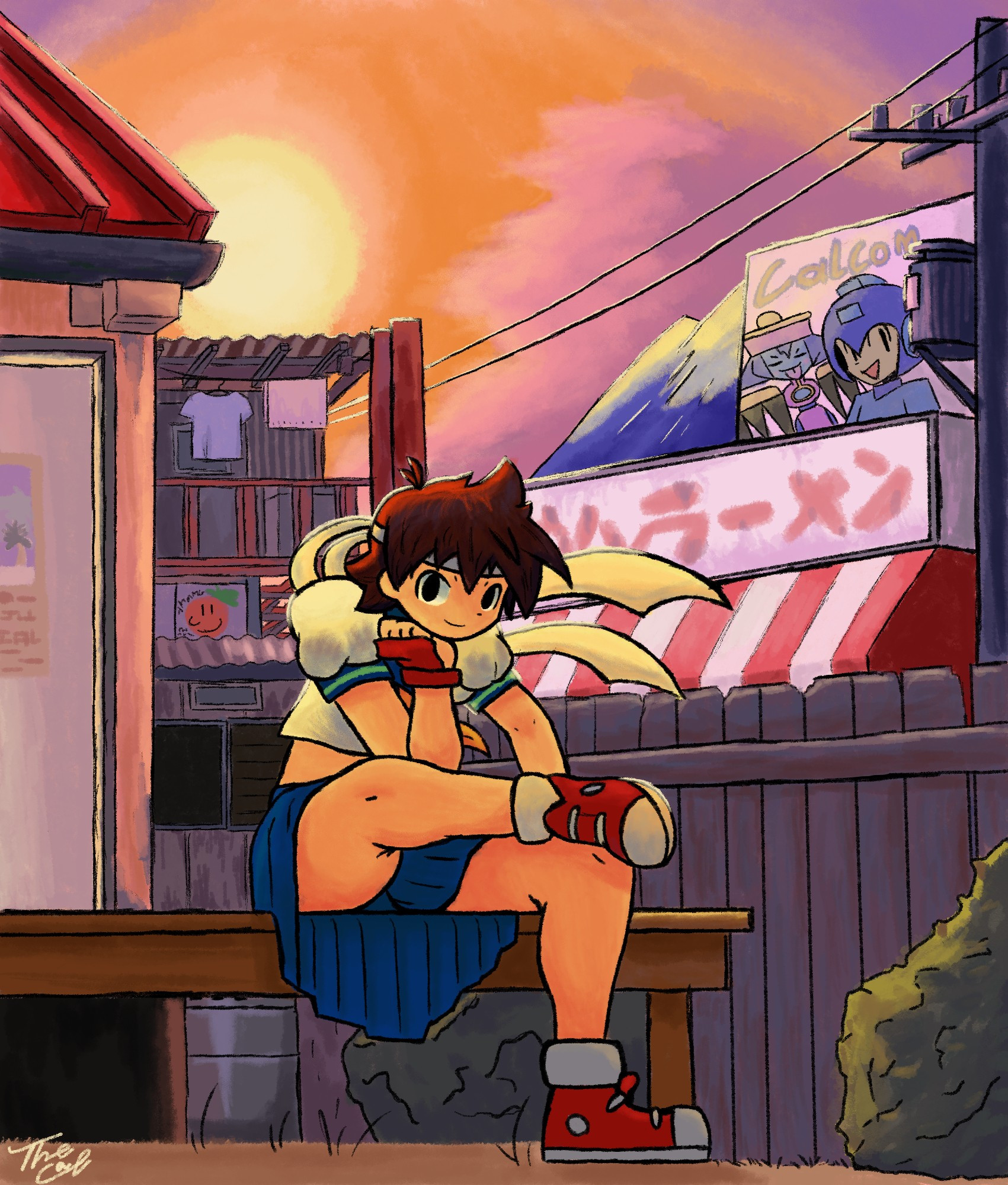 Sakura sitting outside her home as the sun sets over the town she lives in