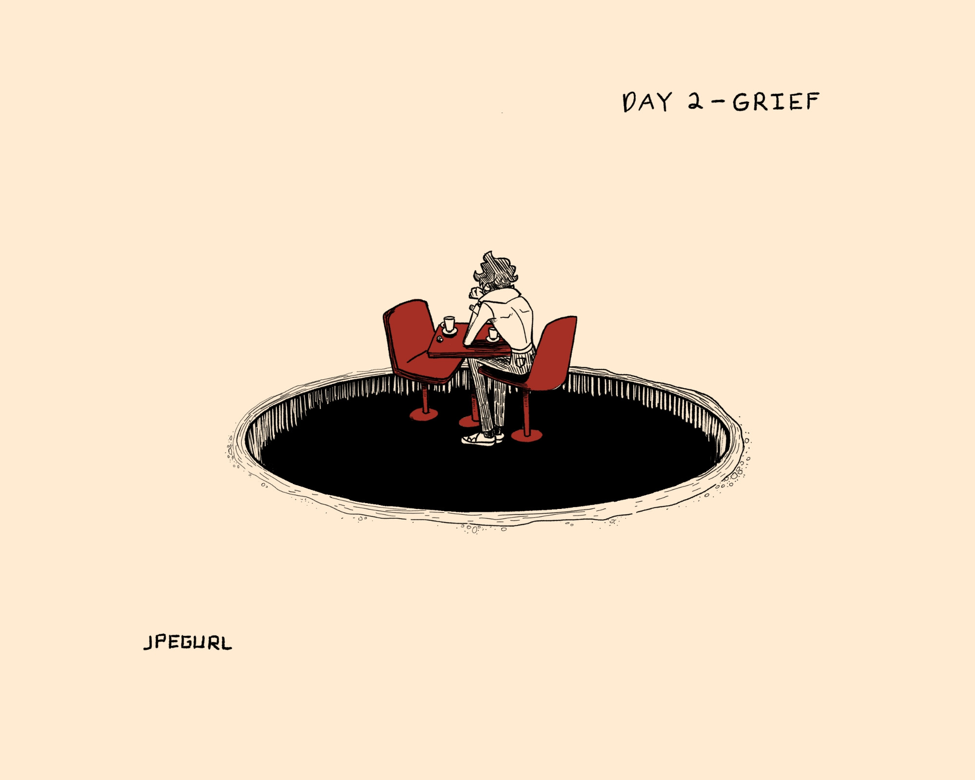 A black line drawing of Professor Sycamore from Pokemon XY. Text at the top reads "Day 2 - Grief" and text at the bottom reads "Jpegurl." Professor Sycamore sits in a red chair at a red café table resting his elbows on the table and his chin in his hands. An empty red chair is across from him. A coffee cup sits in front of Sycamore and another cup and a Mega Ring sit in front of the empty chair. Beneath the table is a large empty hole. 