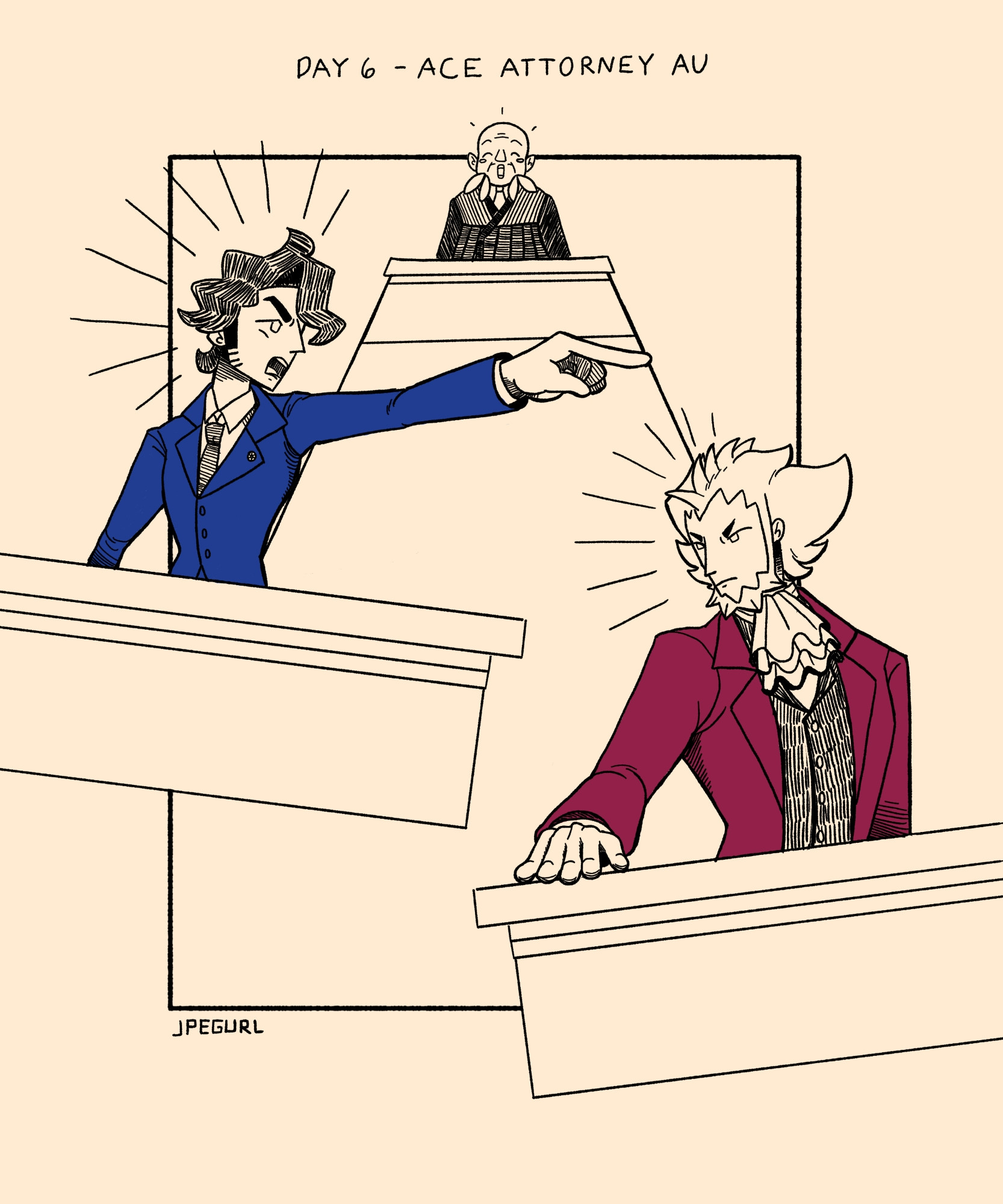 A black line drawing of Professor Sycamore, Lysandre, and Ramos from Pokemon XY. Text at the top reads "Day 6 - Ace Attorney AU" and text at the bottom reads "Jpegurl." Professor Sycamore is on the left behind a defense attorney's stand wearing a blue suit resembling Phoenix Wright's from Ace Attorney. He is shouting with his arm outstretched and finger pointing. On the right is Lysandre behind a prosecutor's stand wearing a red suit resembling Miles Edgeworth's from Ace Attorney. He has a serious expression and his hand slammed down on the stand. At the top Ramos sits behind a judge's podium wearing black robes.