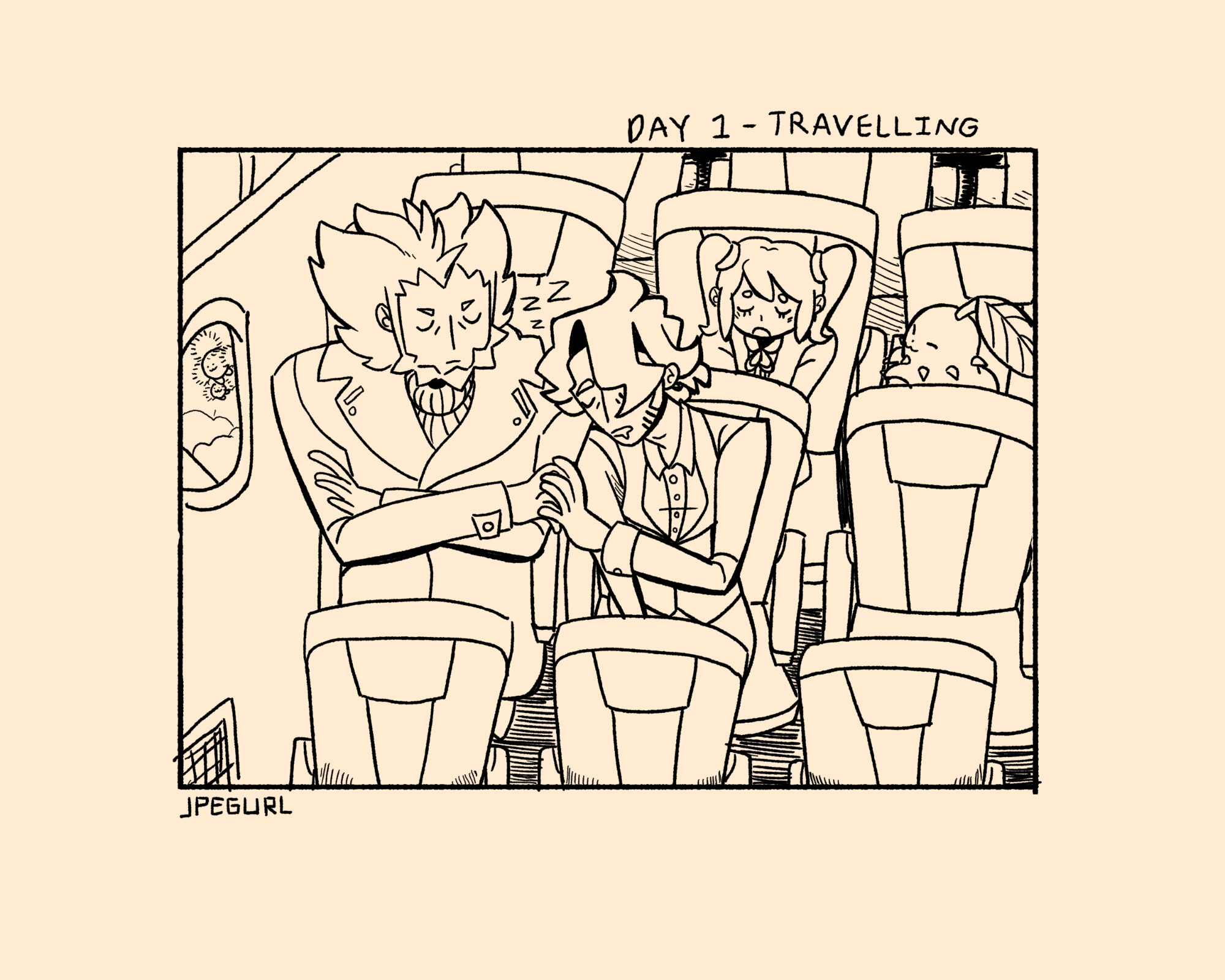 A black line drawing of Lysandre and Professor Sycamore from Pokemon XY. Text on the top reads "Day 1 - Travelling" and text at the bottom reads "Jpegurl." The two are sleeping in airplane seats. Lysandre has his arms crossed and head turned towards Sycamore. Sycamore is leaning his head on Lysandre's shoulder and his left hand is holding Lysandre's right hand. In the row behind them a little girl is asleep with a Chikorita in the seat beside her. Outside of the window clouds and two Jumpluff are visible in the sky.