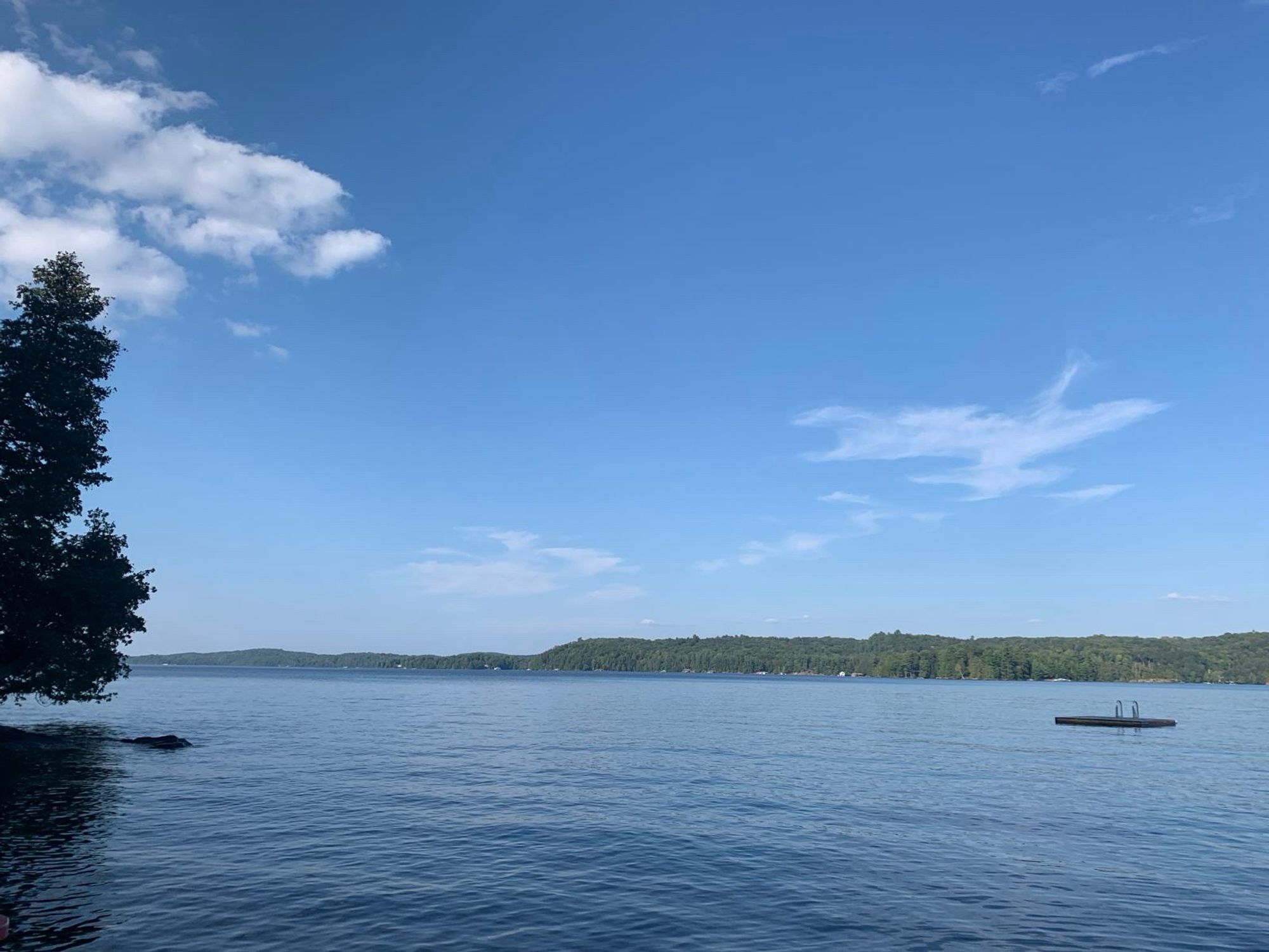 Looking northeast across a Canadian Shield lake with forested hills in the background and a swimming raft.