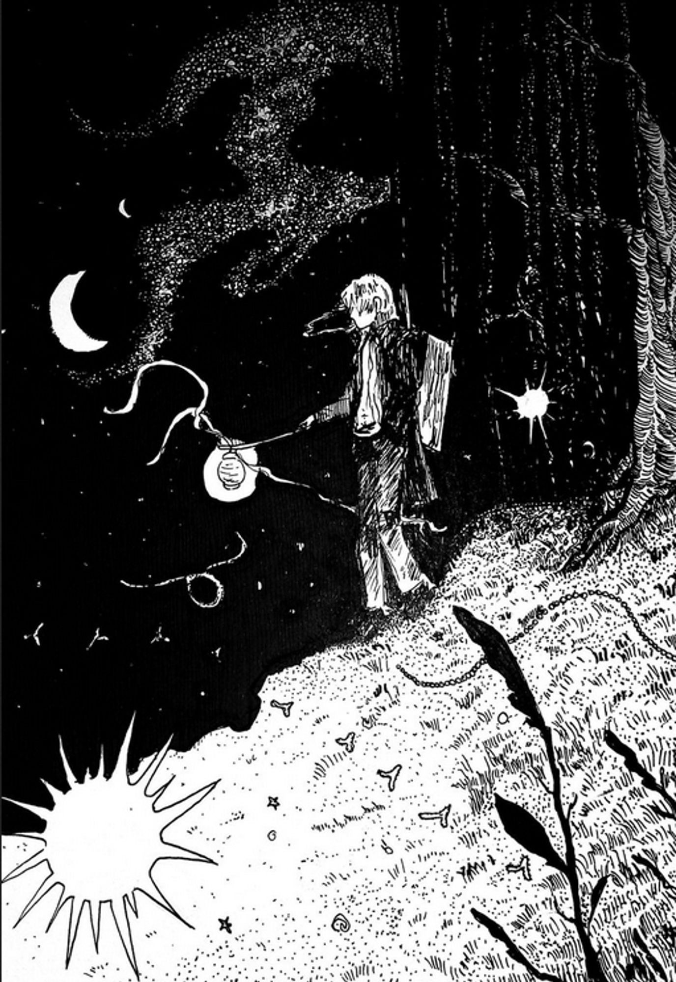 desenho em preto e branco baseado em mushishi, ginko está descendo uma montanha íngreme numa floresta, com uma lanterna o guiando. a lua está no céu em crescente, o céu brilha de estrelas.  há mushis o circulando. ele fuma um cigarro.