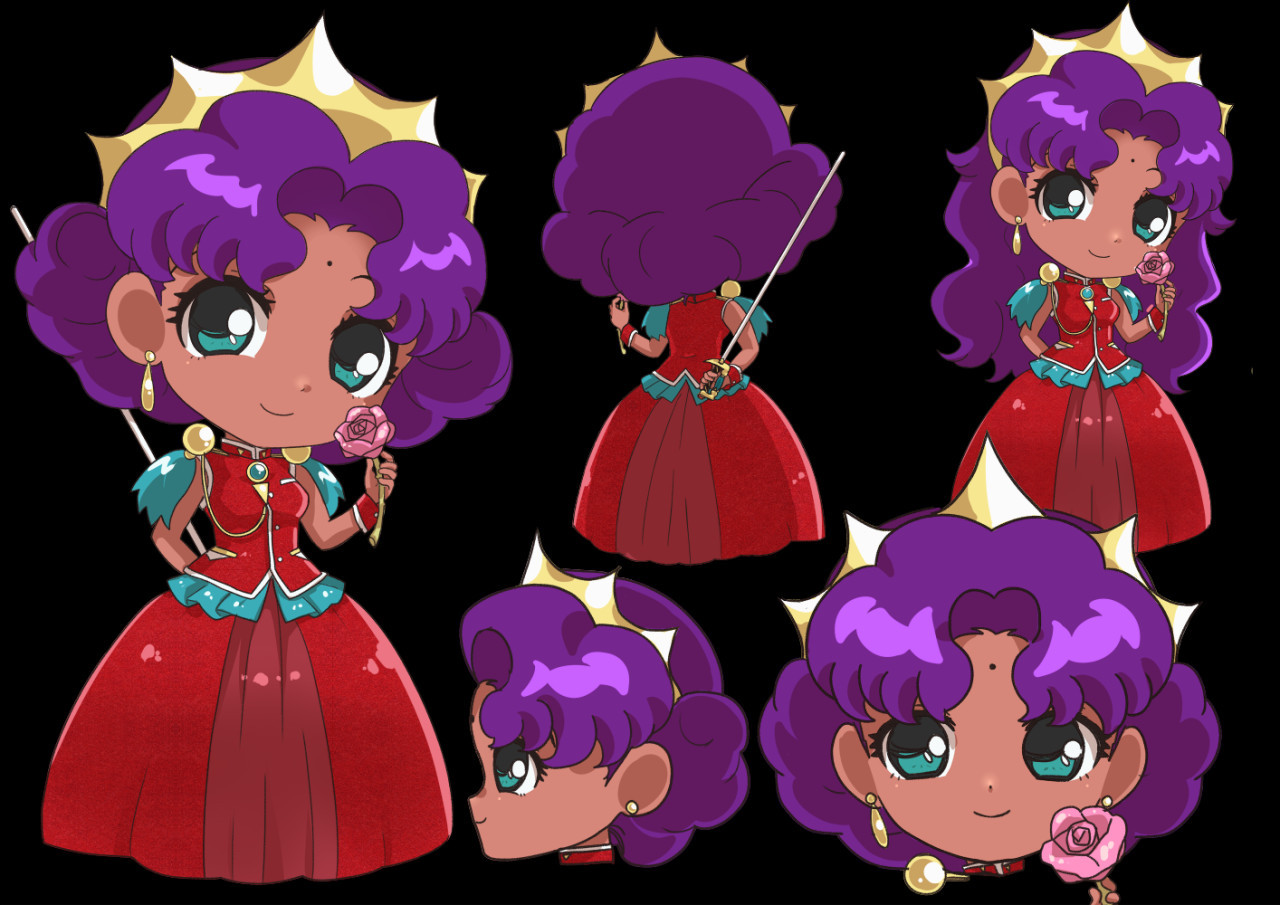 desenho da personagem Anthy em versão Chibi em vários ângulos. ela segura a rosa com a mão e atrás dela tem a espada escondida. tem ela de cabelo solto, amarrado e de perfil, usando a roupa de noiva da rosa (o vestido vermelho meio pakitas)