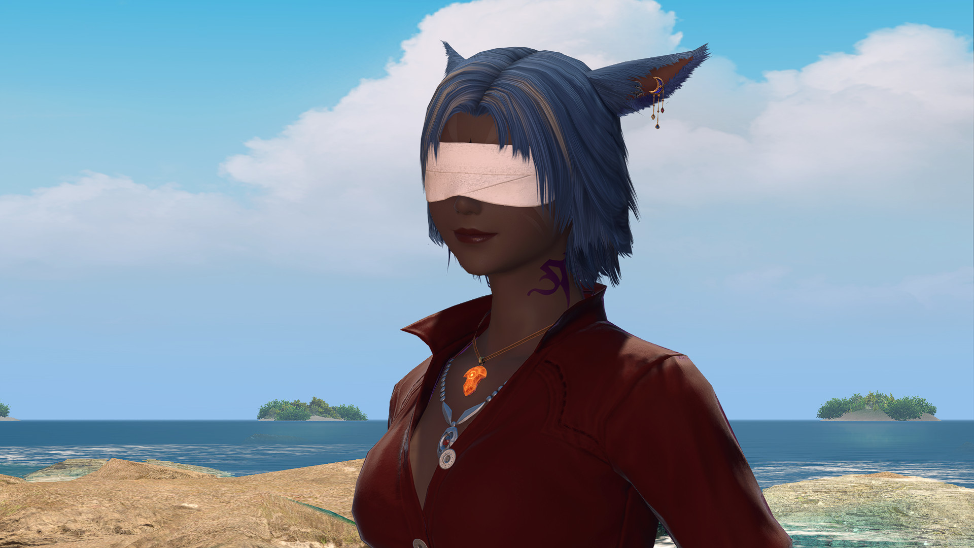 A bust picture of Tallis Nbenra, a female miqo'te from FFXIV. She has graying blue hair, wears a crescent moon earring in one ear, a red button up shirt, and has a blindfold over her eyes. She has archon mark tattoos and has the Azem stone on a necklace. She is on a beach in Tuliyollal.