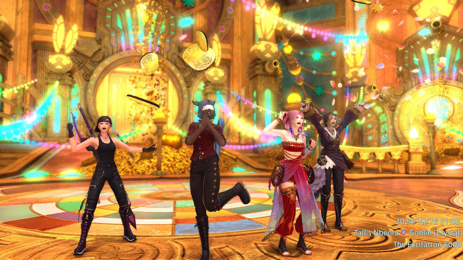 Four female miqo'te (from left to right a blond dark knight in a tank top, a blue-haired astrologian in a red button up shirt, a pink-haired dancer in the Dawntrail DNC job gear, and a gray-haired pictomancer in a purple shirt) celebrate their victory over the Excitatron 6000 treasure dungeon.