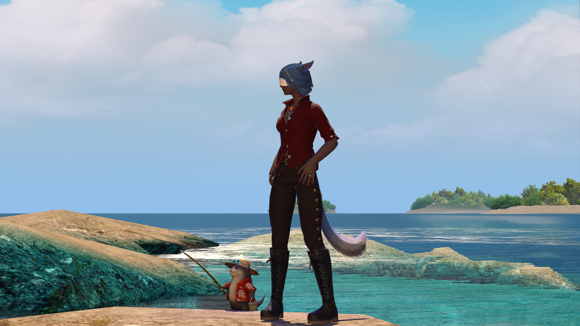 A screenshot of Tallis Nbenra, a female miqo'te from FFXIV. She has graying blue hair, wears a crescent moon earring in one ear, a red button up shirt, and has a blindfold over her eyes. She has archon mark tattoos and has the Azem stone on a necklace. She has dark brown pants and black combat boots. Her Abroader Otter minion stands next to her. She is on a beach in Tuliyollal.