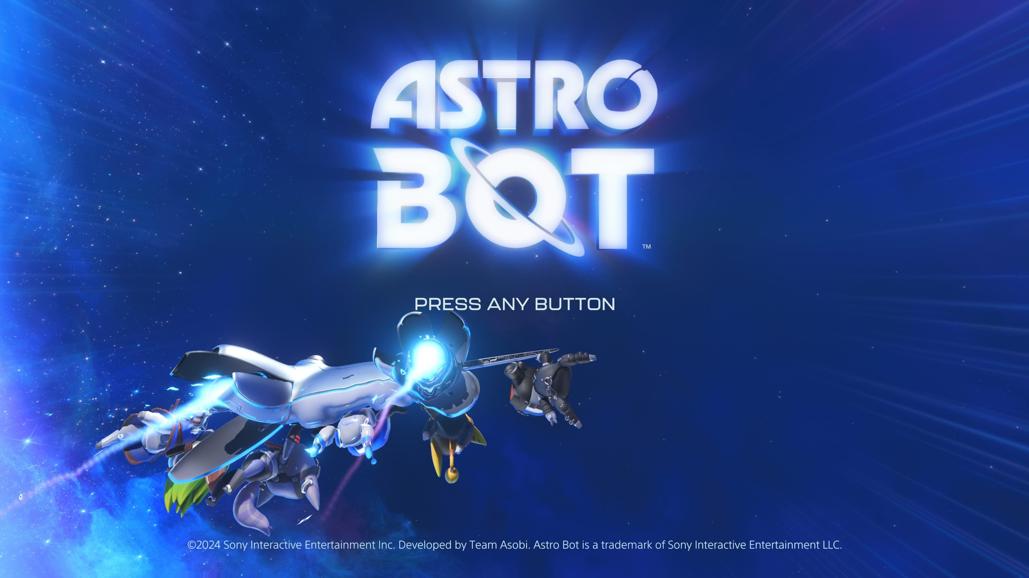 Astro Bot video game title screen with characters gripping onto a DualSense controller.