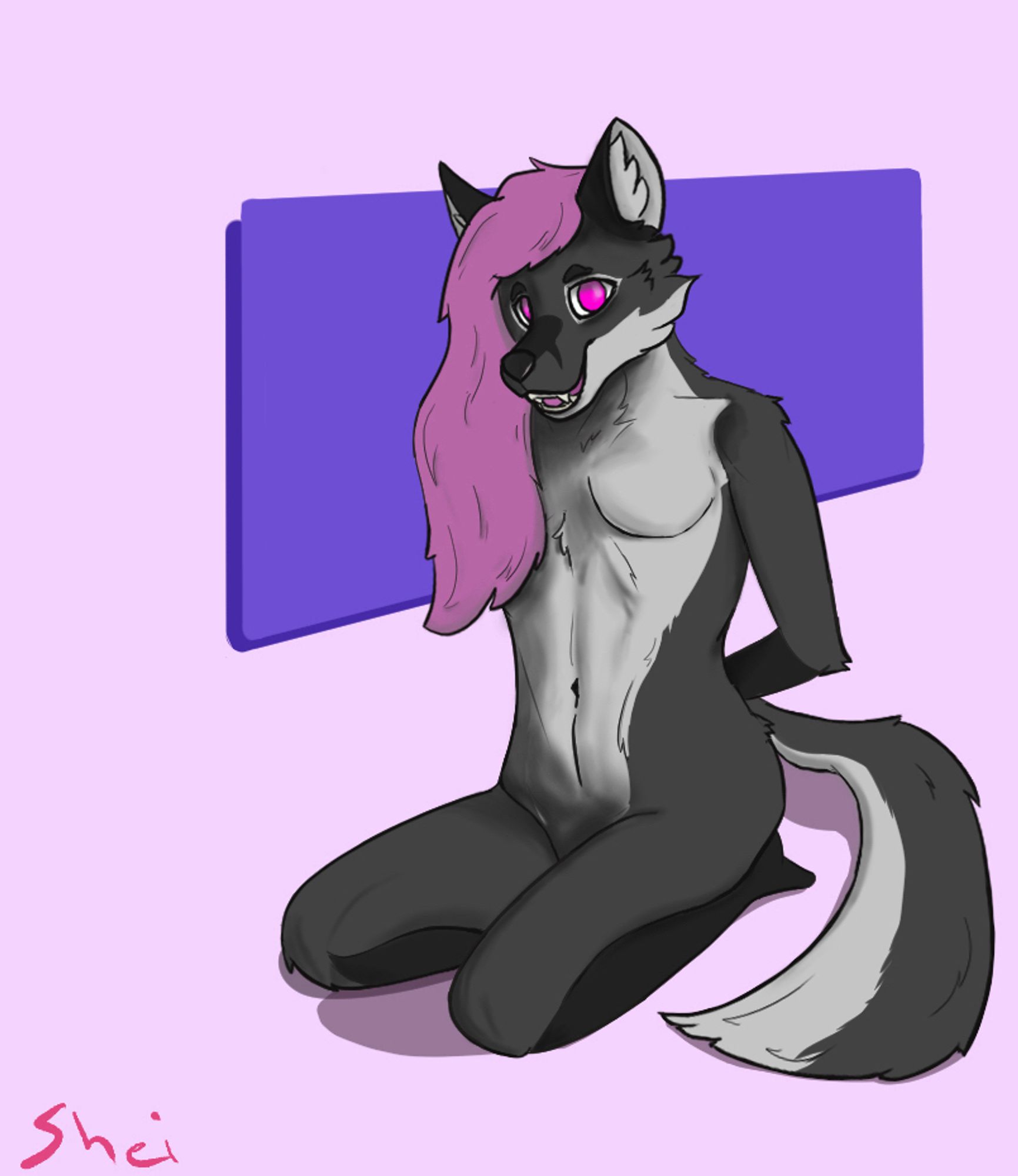 Anthropomorphic grey fox woman with pink hair and bright pink eyes kneeling down