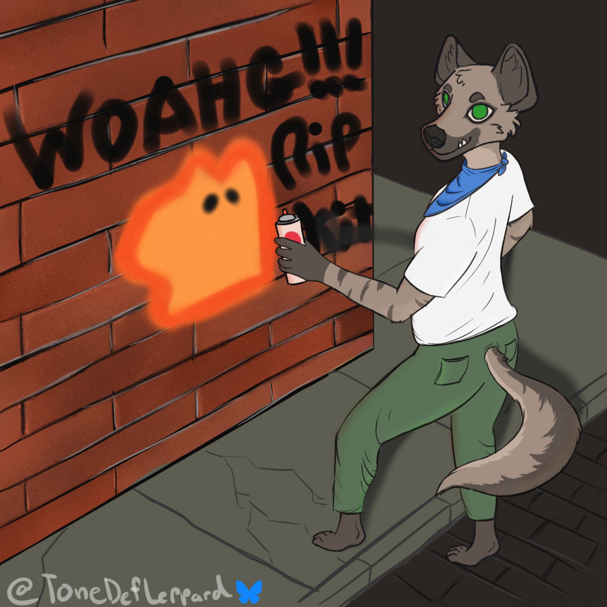 Anthro hyena wearing a white shirt, green pants and blue bandana is spray painting a red, brick wall on a street corner. The wall has an orange fox painted on it with the text “WOAHG!!! RIP Kit” over its head