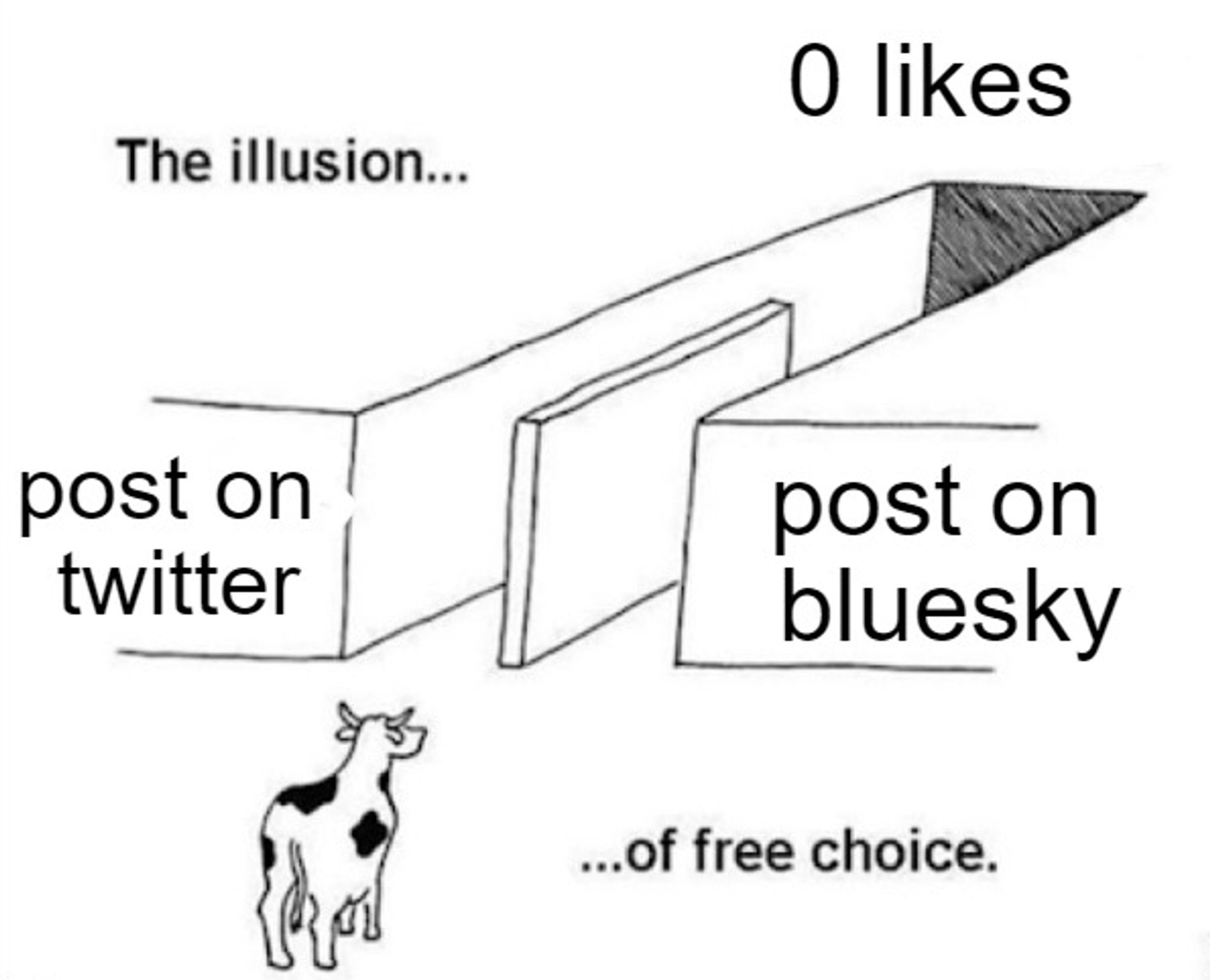 the illusion of free choice
option 1: post on twitter
option 2: post on bluesky
same outcome: get 0 likes