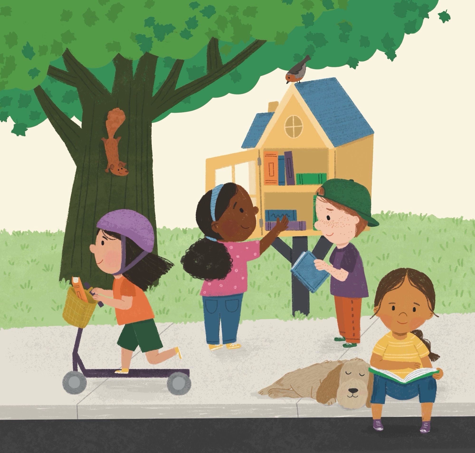 An illustration of 4 kids (and a sleepy dog) enjoying books from a little free library in their neighborhood. A squirrel on a nearby tree and a bird hanging out at the top of the little library watches over them.