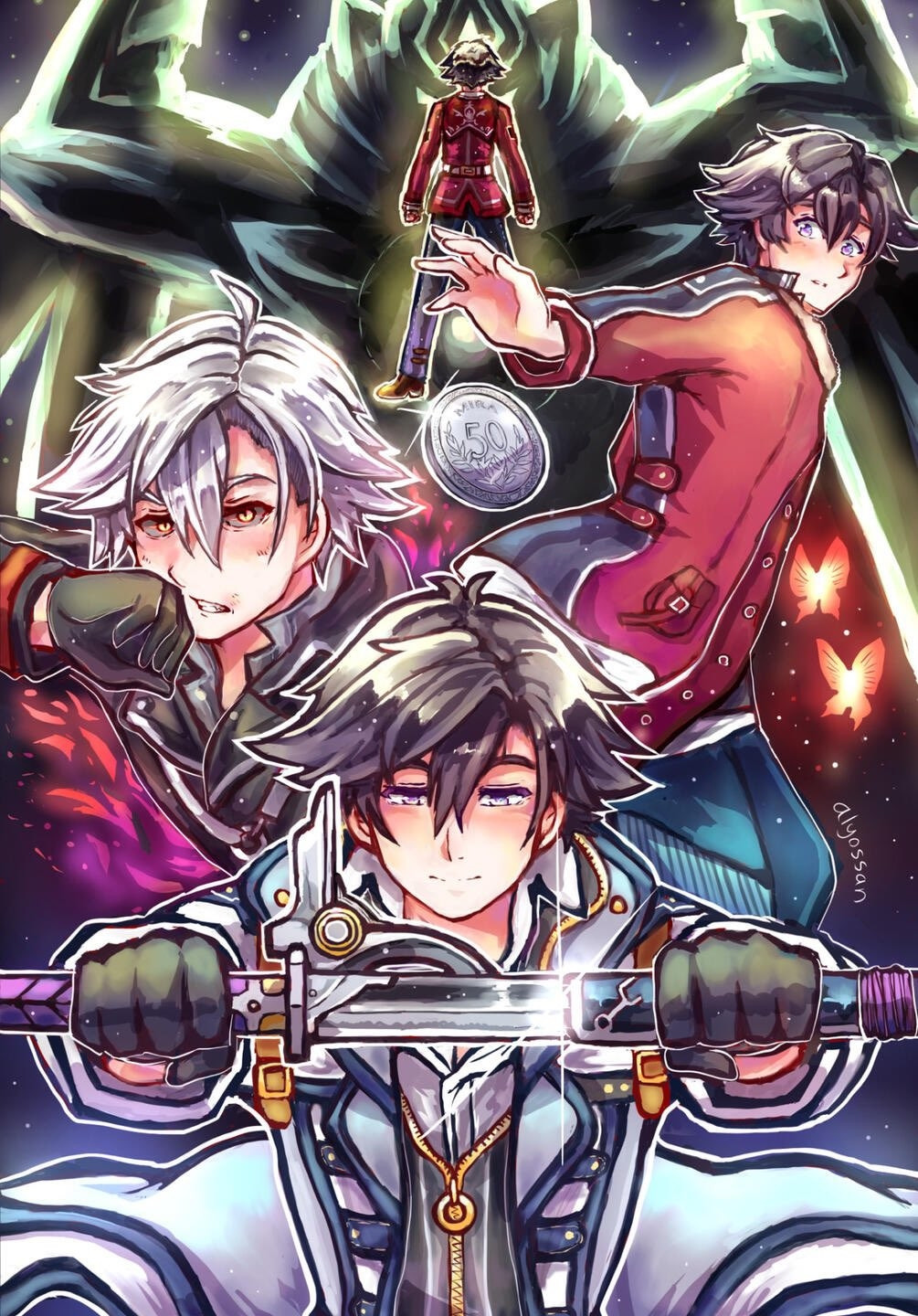 A painting of Rean Schwarzer depicting each of his different designs from every Trails of Cold Steel game.