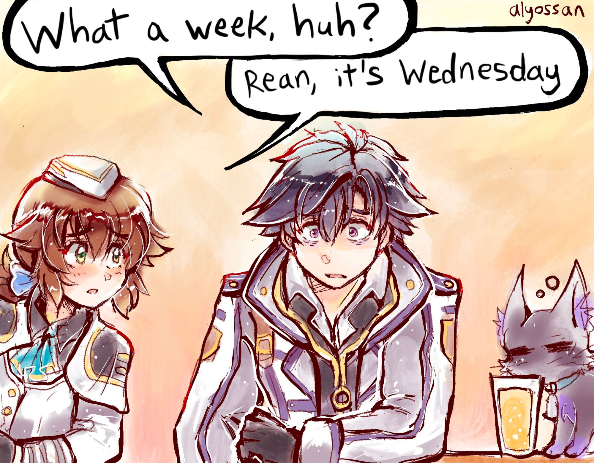 A redraw of the "Captain it's Wednesday" meme but with Rean Schwarzer and Towa Herschel from Trails of Cold Steel.