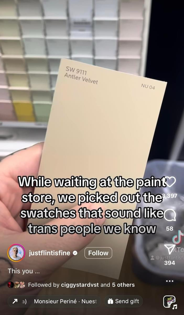 SW 9111
Antler Velvet
NU 04
While waiting at the paint store, we picked out the 397 swatches that sound like trans people we know
58
justflintisfine o
Follow
@|US
394
This you ...
Followed by ciggystardvst and 5 others
/ a) Monsieur Periné • Nuest
# Send gift