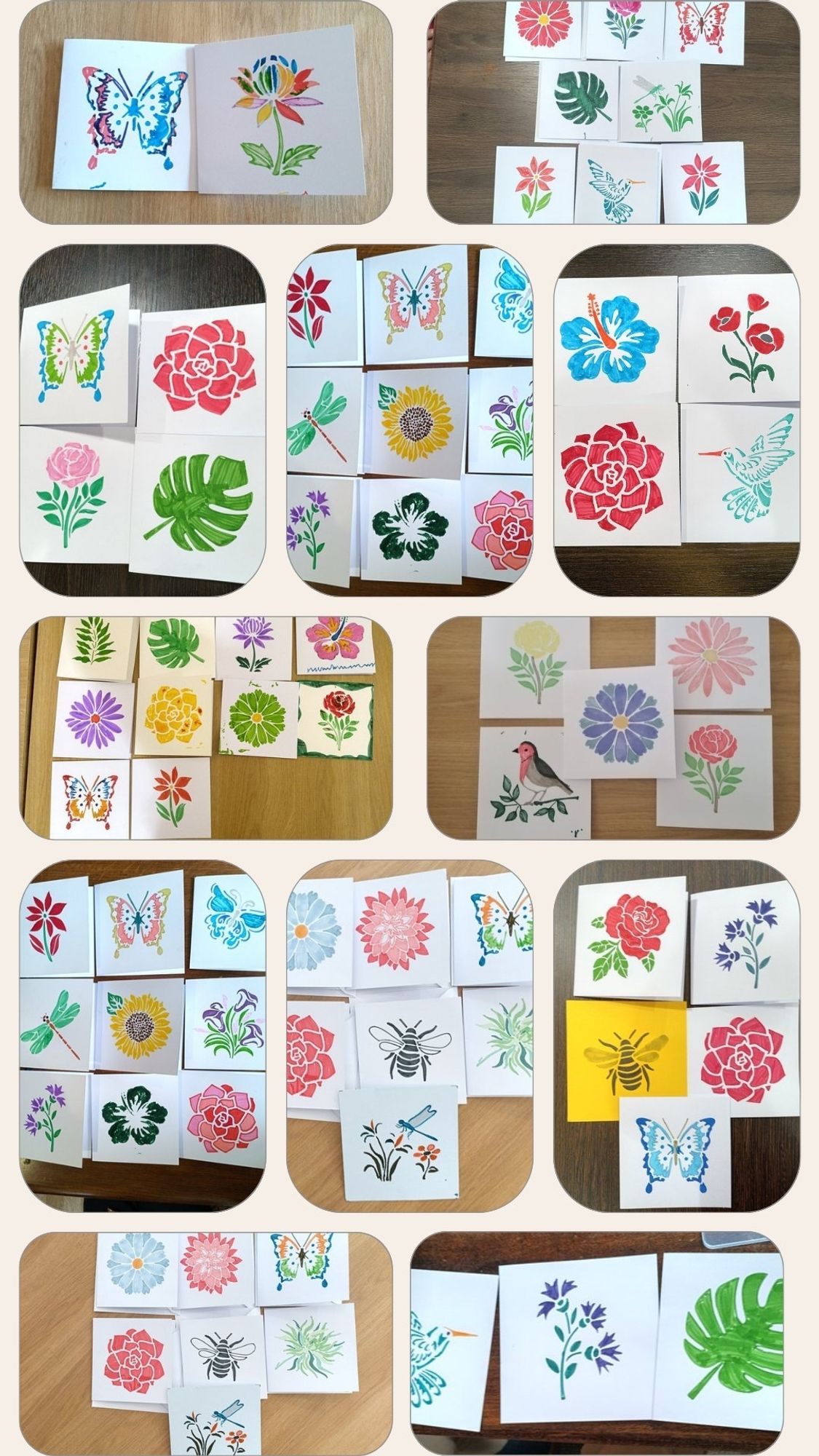 Another collection of class images.
Cards stencilled with a range of flower, leaf, insect and bird images