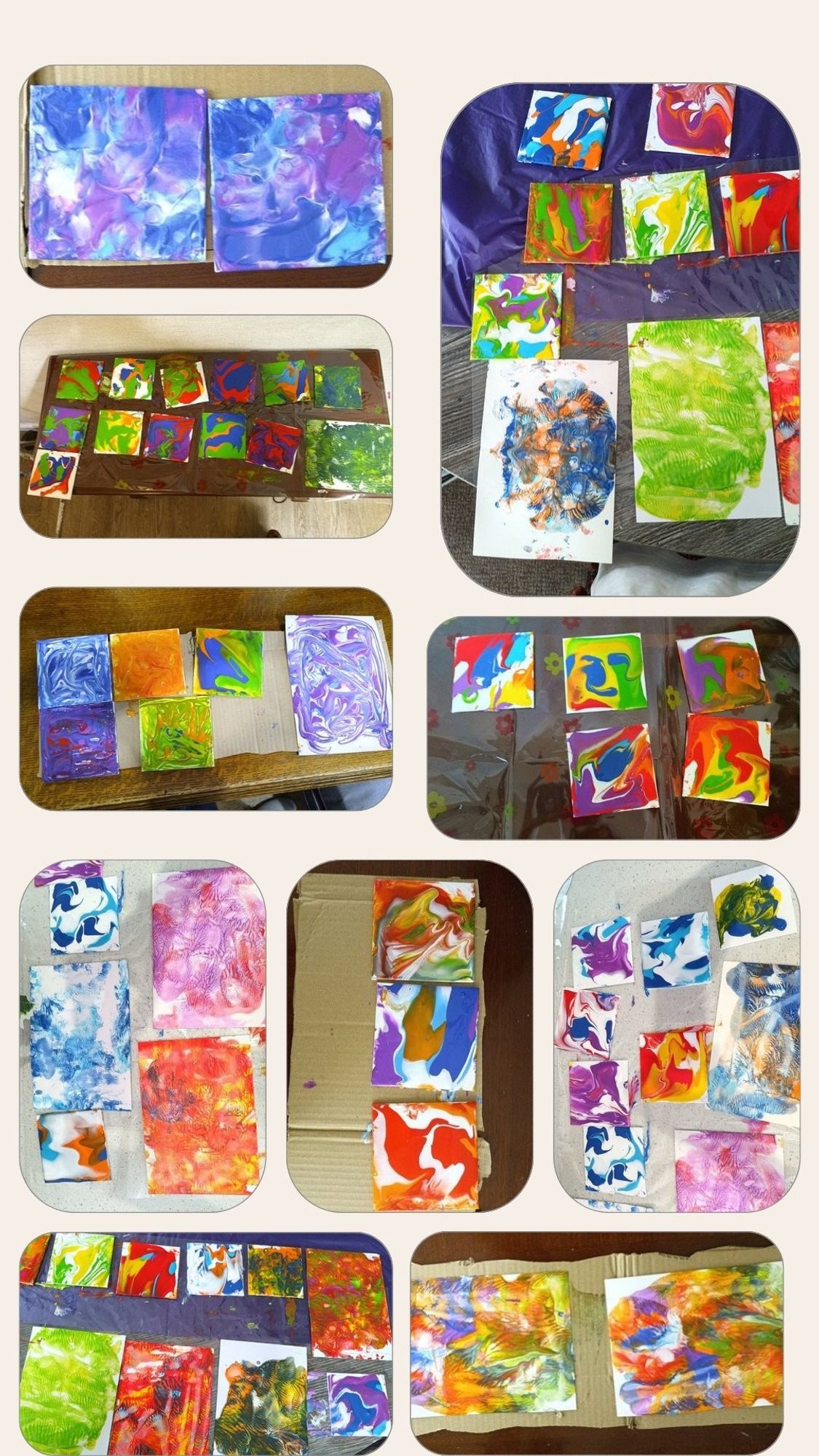 Collection of images each of which has a classes worth of poured paint canvases.
Resident had their choice from rainbow colours plus white.