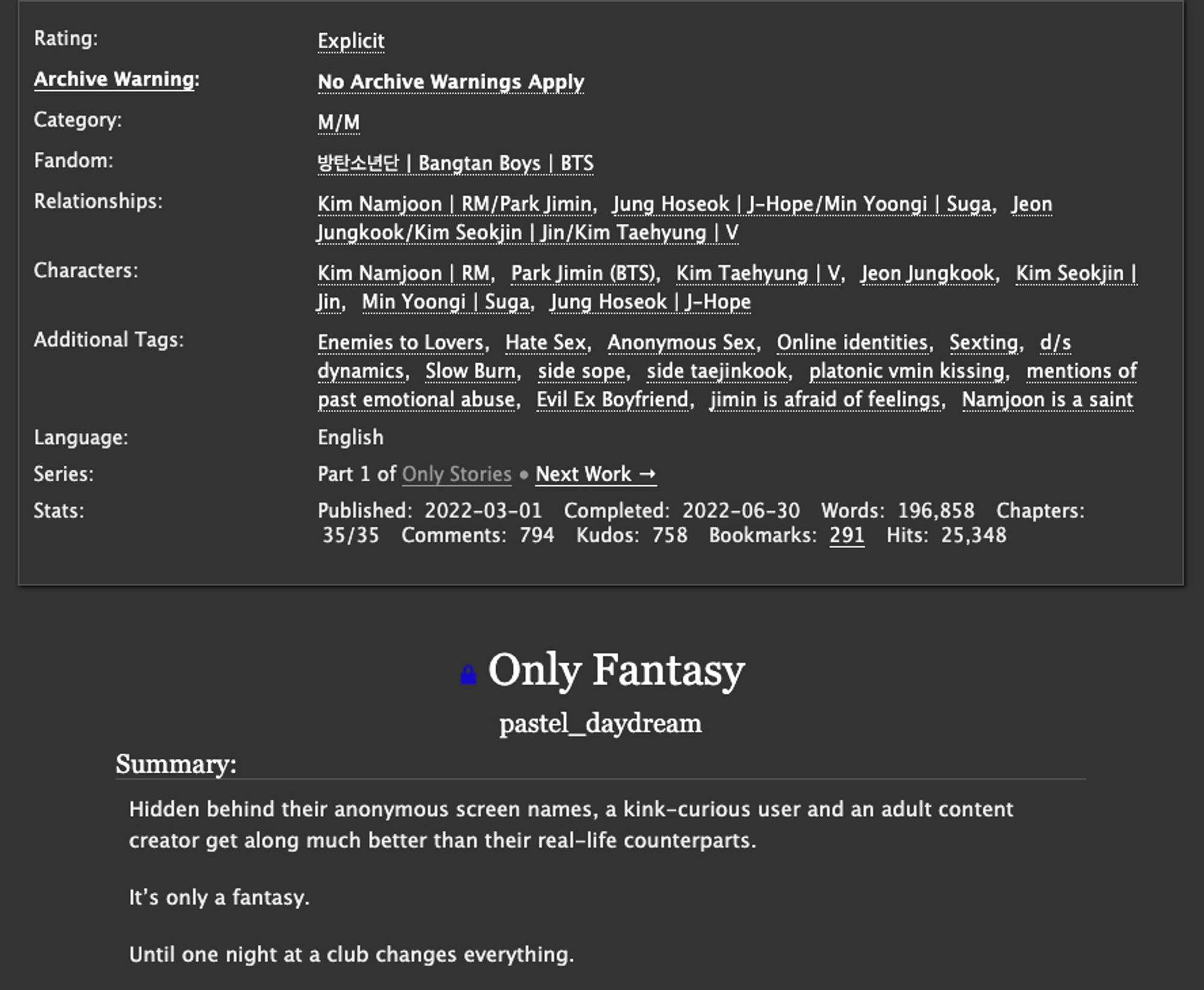 AO3 tags/descriptions for the minimoni fic Only Fantasy