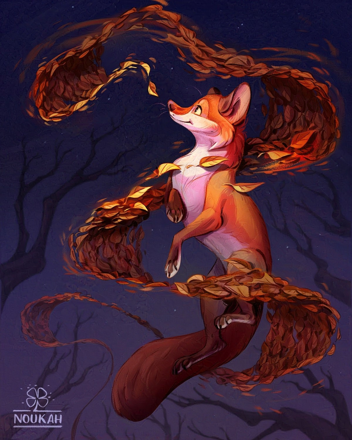 Digital painting by Noukah of a red fox peacefully levitating in a dark forest. A magical whirl of autumn leaves is spiraling and surrounding the fox, the fox looks friendly and smiles at the leafy whirl.