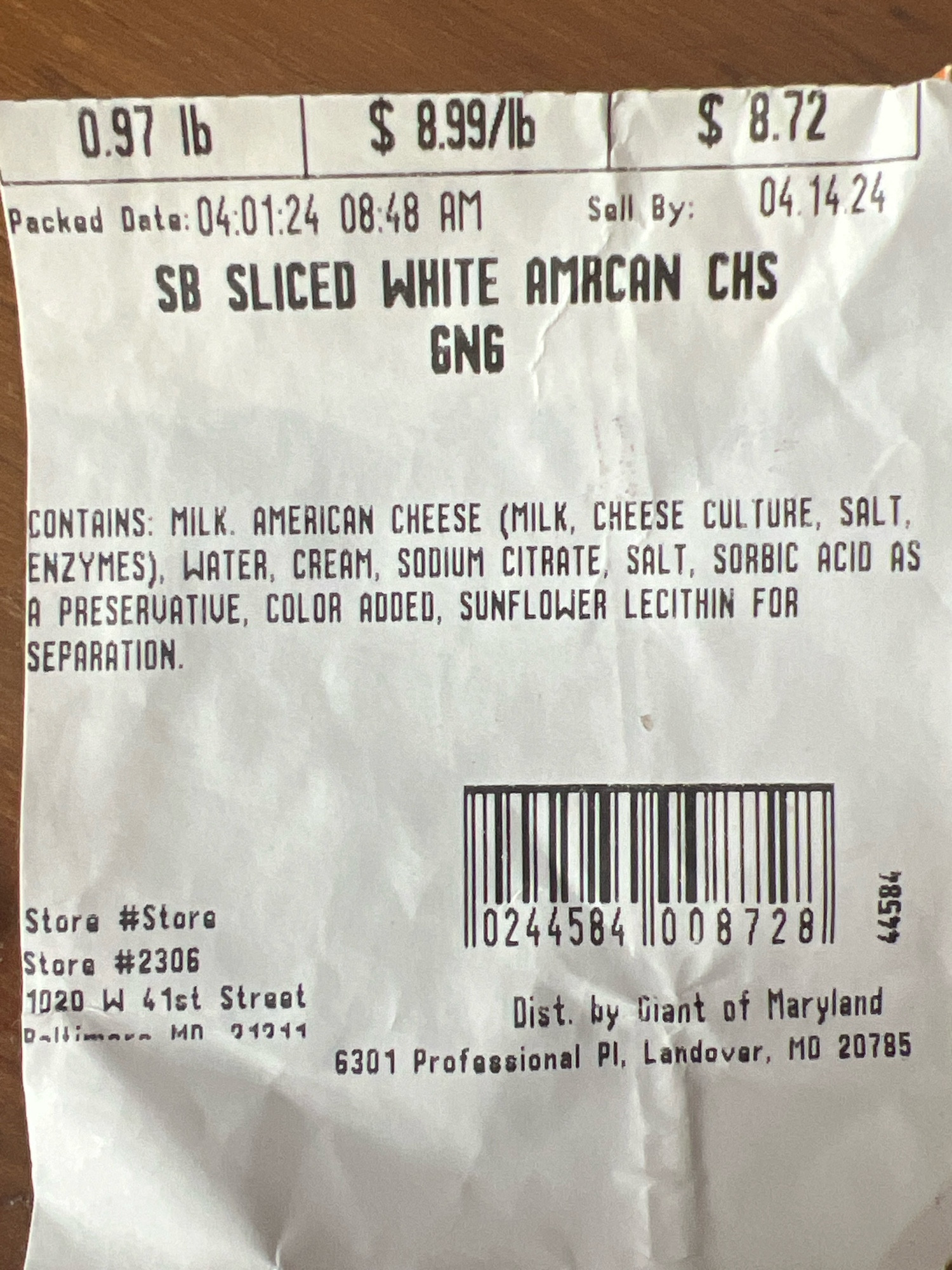 Receipt showing the ingredients in sliced white American cheese, the second of which is American cheese