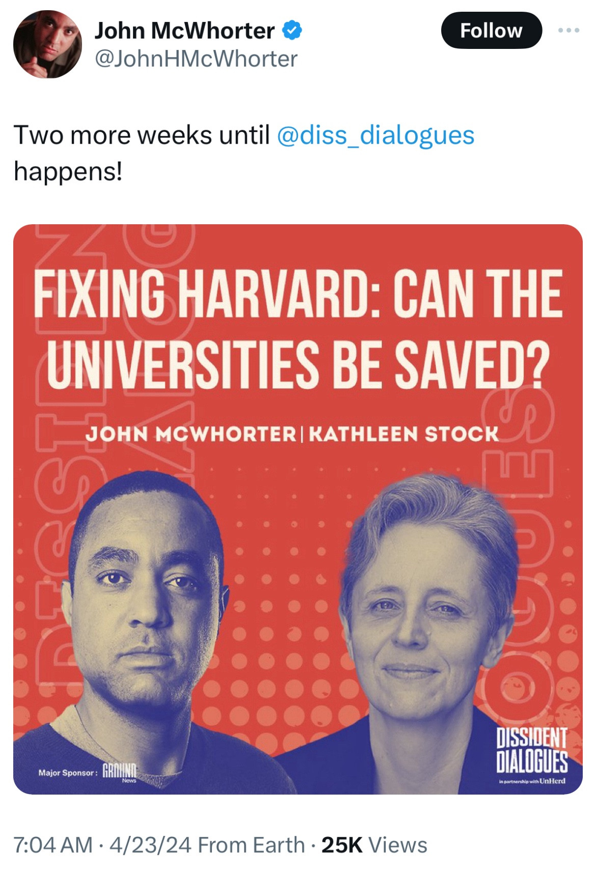 Finally, a conference between a teacher who doesn't know anything about content he teaches speaking and a virulent racist TERF! Anyway this is an ad titled "Fixing Harvard: Can The Universities be saved? With pictures of John "I have no idea what 4'33" is about" McWhorter and Kathleen "BLM ideology is embedded in higher ed and trans people aren't real" Stock