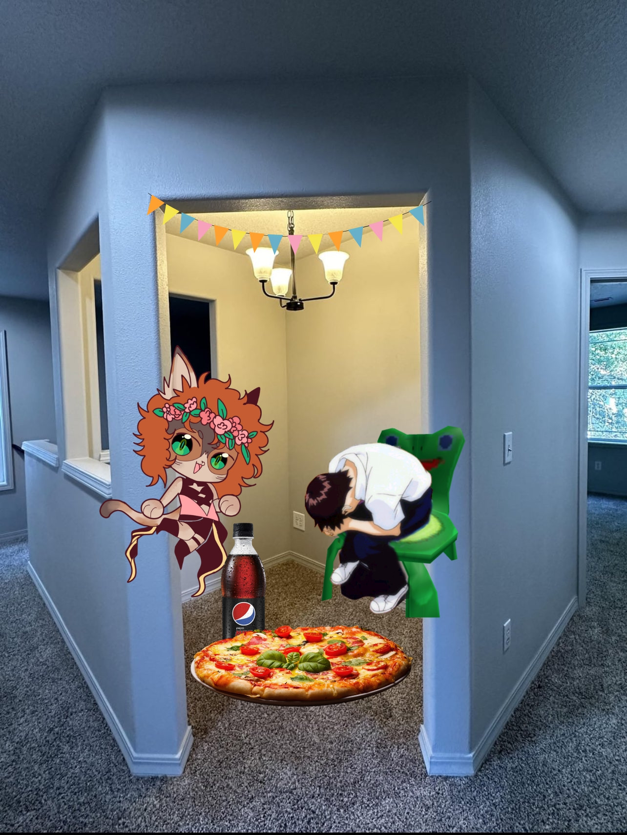 Anthropomorphic calico cat having a really nice pizza party with pepsi and margarita pizza with Shinji (evangelion), who sitting in the frog chair from animal crossing