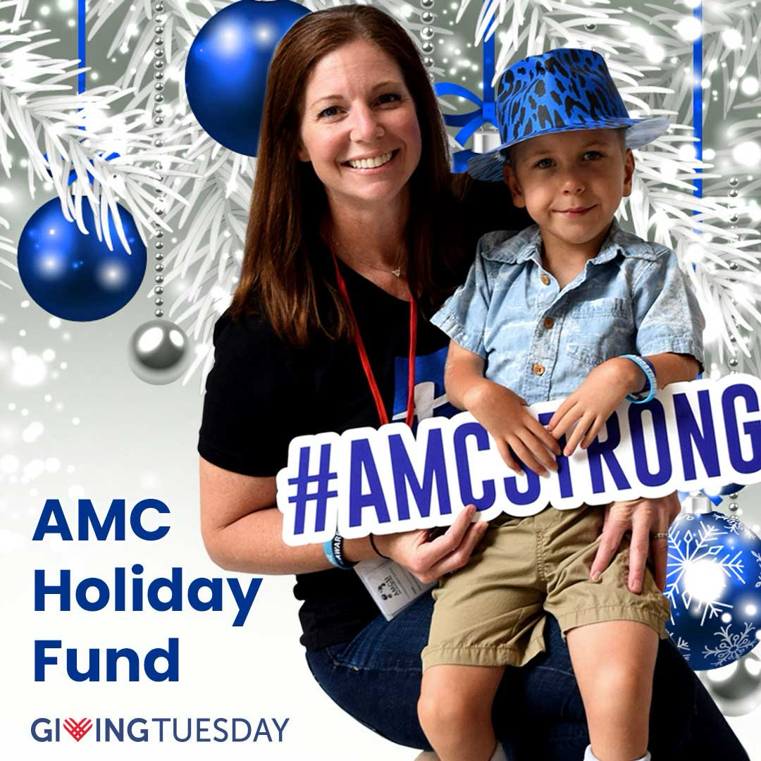 The last two images have a festive holiday background with a white pine needle tree, blue ribbon & blue ornaments. One image shows a little girl in her wheelchair wearing red sunglasses from the 18th Annual 
AMCSI Conference in Columbus, Ohio. In the bottom right corner, it says AMC Holiday Fund with the Giving Tuesday Logounder it & in the bottom left, in white, is the Facebook & Instagram logo with the tab @AMCSUPPORT. The second image 
shows a mom with her little boy wearing a blue party hat, a light blue t-shirt with an AMC wristband, holding a sign that says #AMCSTRONG, also from the 18th Annual Arthrogryposis Multiplex Congenita Support, Inc. Conference In Columbus, OH. In the bottom left corner, it says AMC 
Holiday Fund with the Giving Tuesday Logo under it & in the bottom right, in white, is the Facebook & Instagram logo with the tab @AMCSUPPORT.