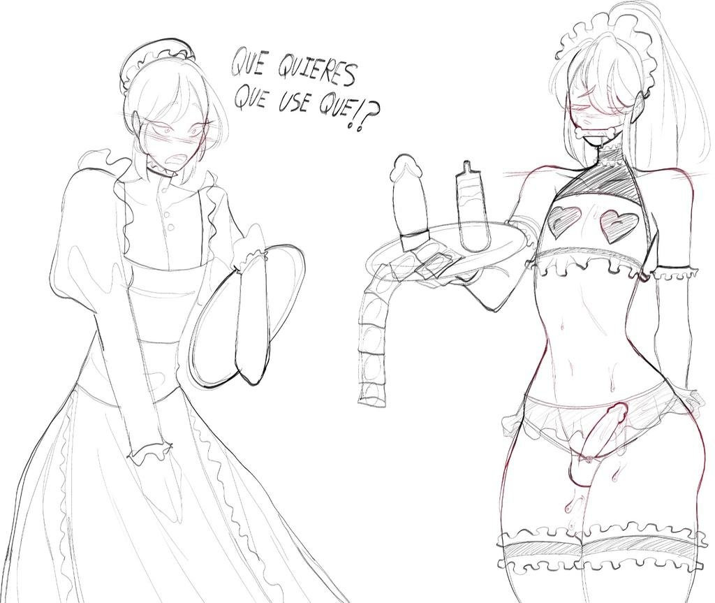 Young man dressed in a classic maid attire looking surprised and confused at something he has been told, after that there's another drawing of him but this time on lingerie 