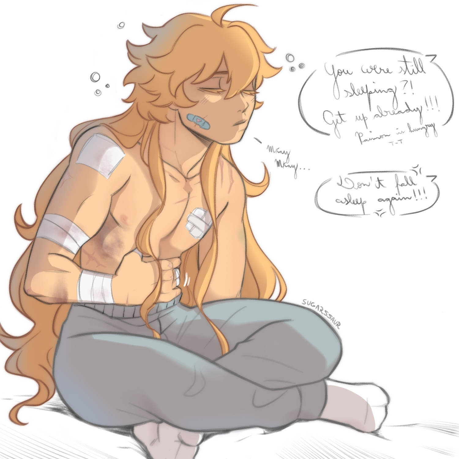 Aether sitting cross-legged, covered in bandages and half asleep.

Dialogue: (Paimon) You were still sleeping?! Get up Already!!! Paimon is hungry. *Aether mumbling* Don't fall asleep again!!!

PT/BR:

Aether sentado, ainda meio dormindo e coberto de curativos pelo corpo.

Diálogo: (Paimon) Você ainda tava dormindo?! Levanta logo!!! Paimon tá com fome. *Aether resmungando* Nem vem querer voltar a dormir!!!