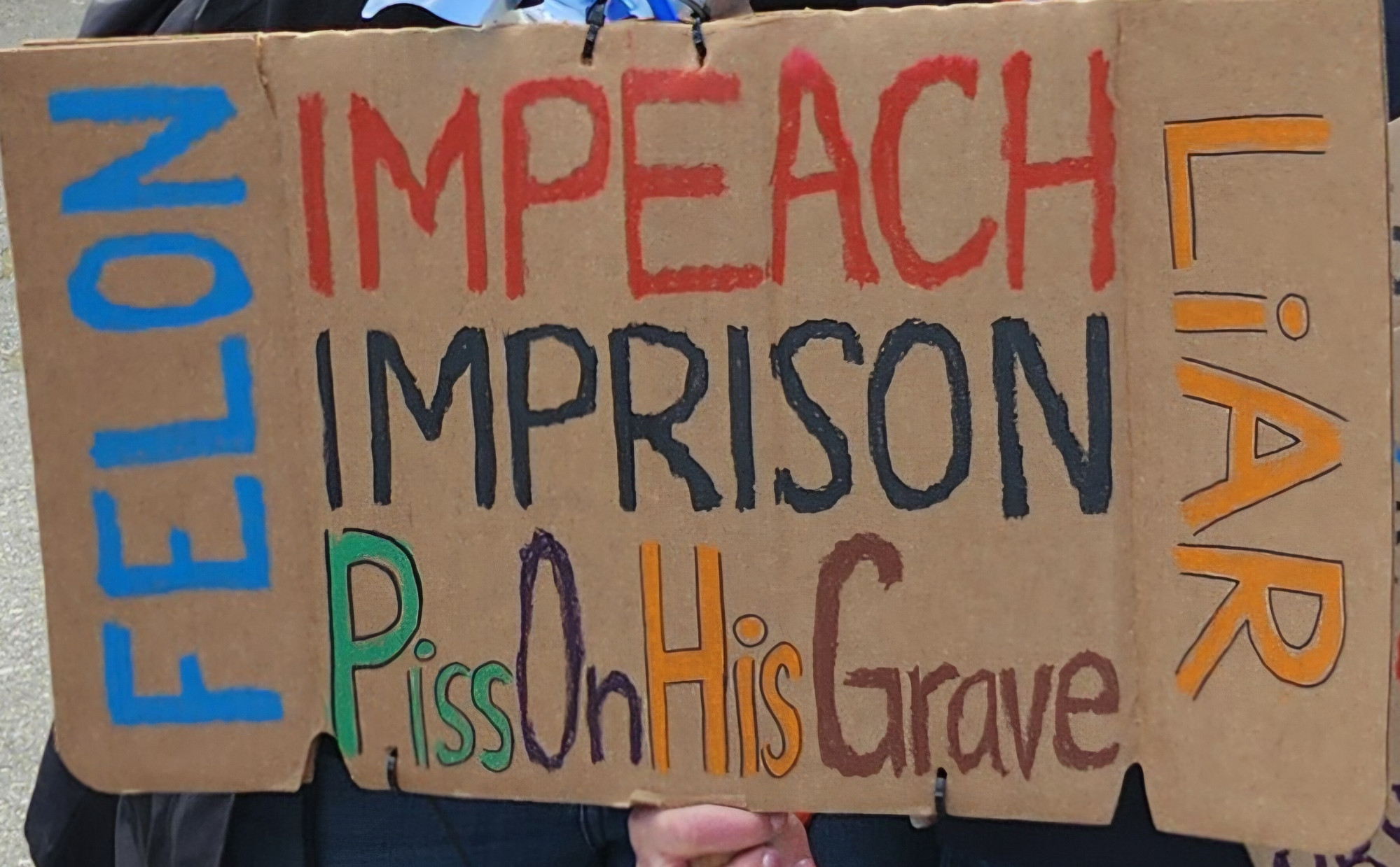Protest sign:
IMPEACH
IMPRISON
Piss On His Grave

On the sides vertically:
FELON
LIAR