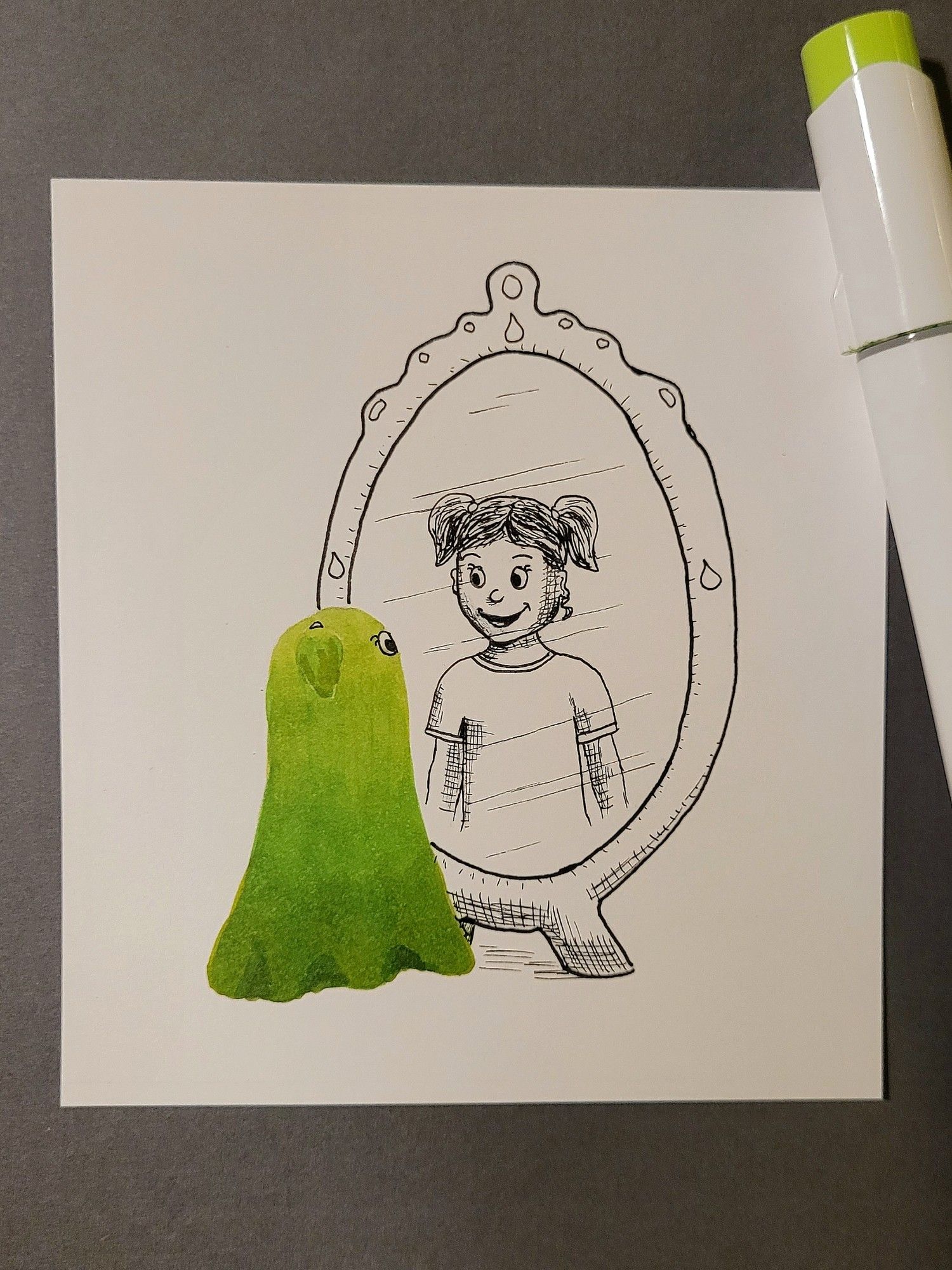 Drawing of a green ghost that is standing in front of a mirror and sees herself as human being (little girl)