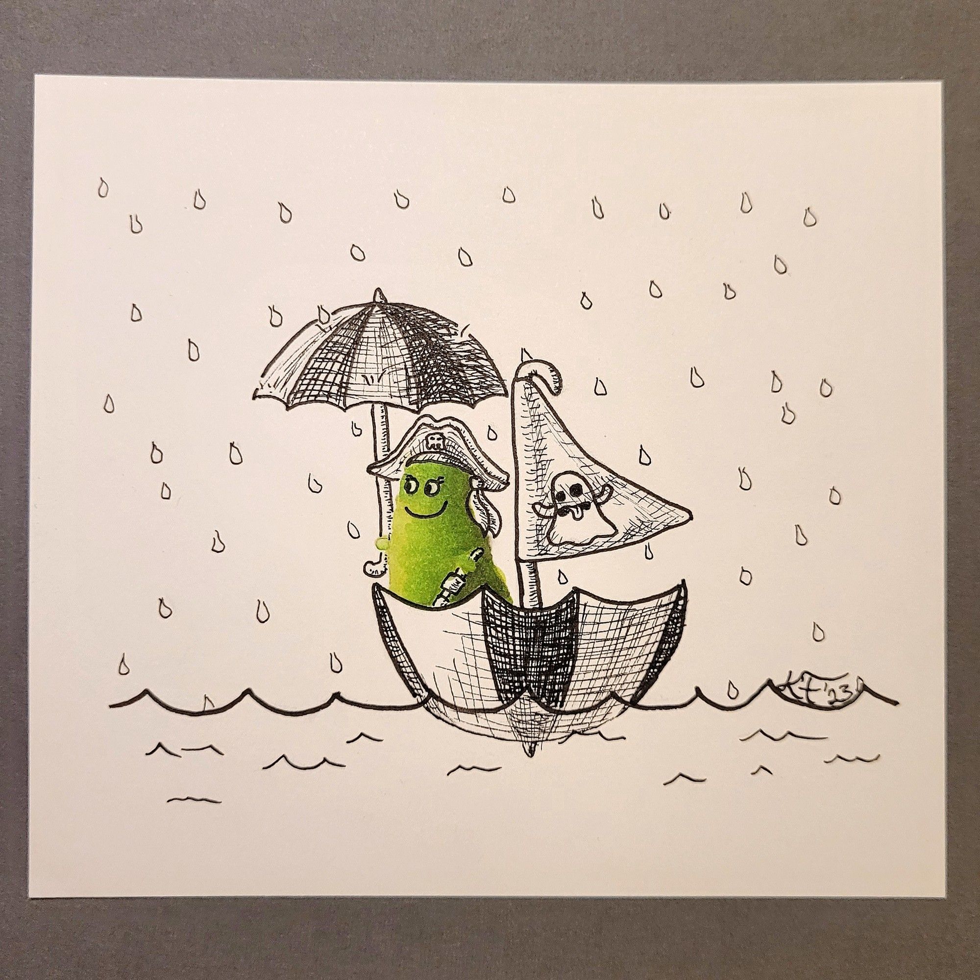 Drawing of a green ghost on the sea while it rains. She uses a inverted umbrella as a boat and holds a umbrella in one hand and a telescope in the other hand. On her head she git a pirate hat.