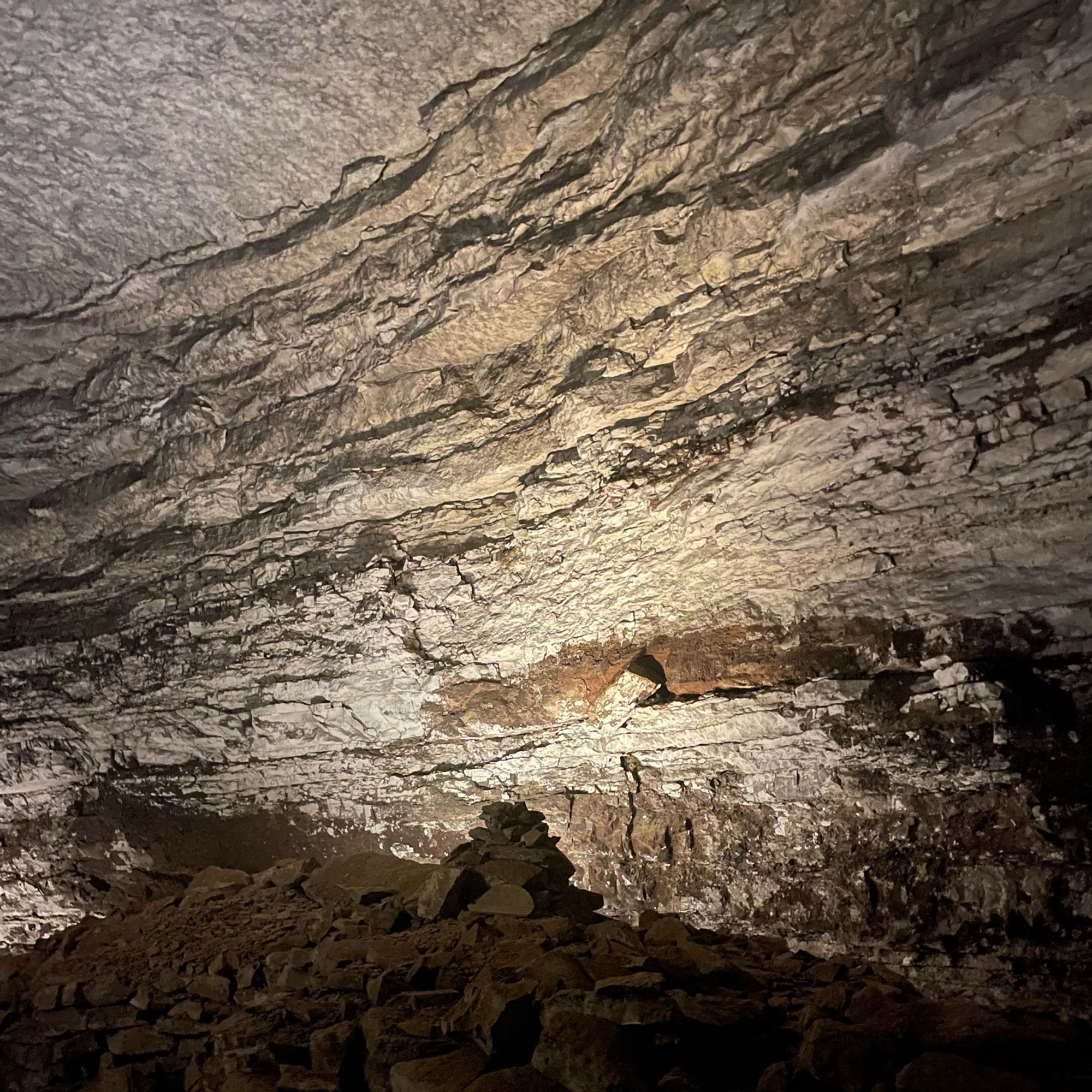 Picture taken by me of Mammoth Cave on a Historical Tour of the cave. An unseen cave light illuminates the gypsum crusts throughout the cave.