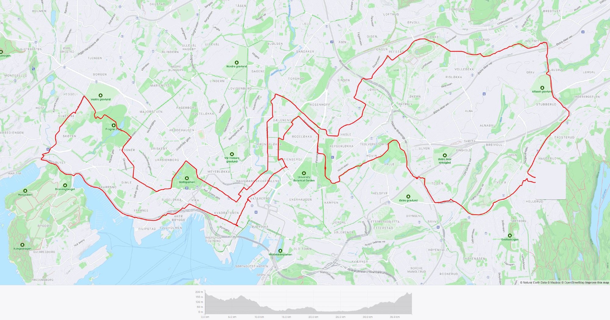 Kart over Oslo med ruten jeg syklet, Haugerud til Skøyen og tilbake.