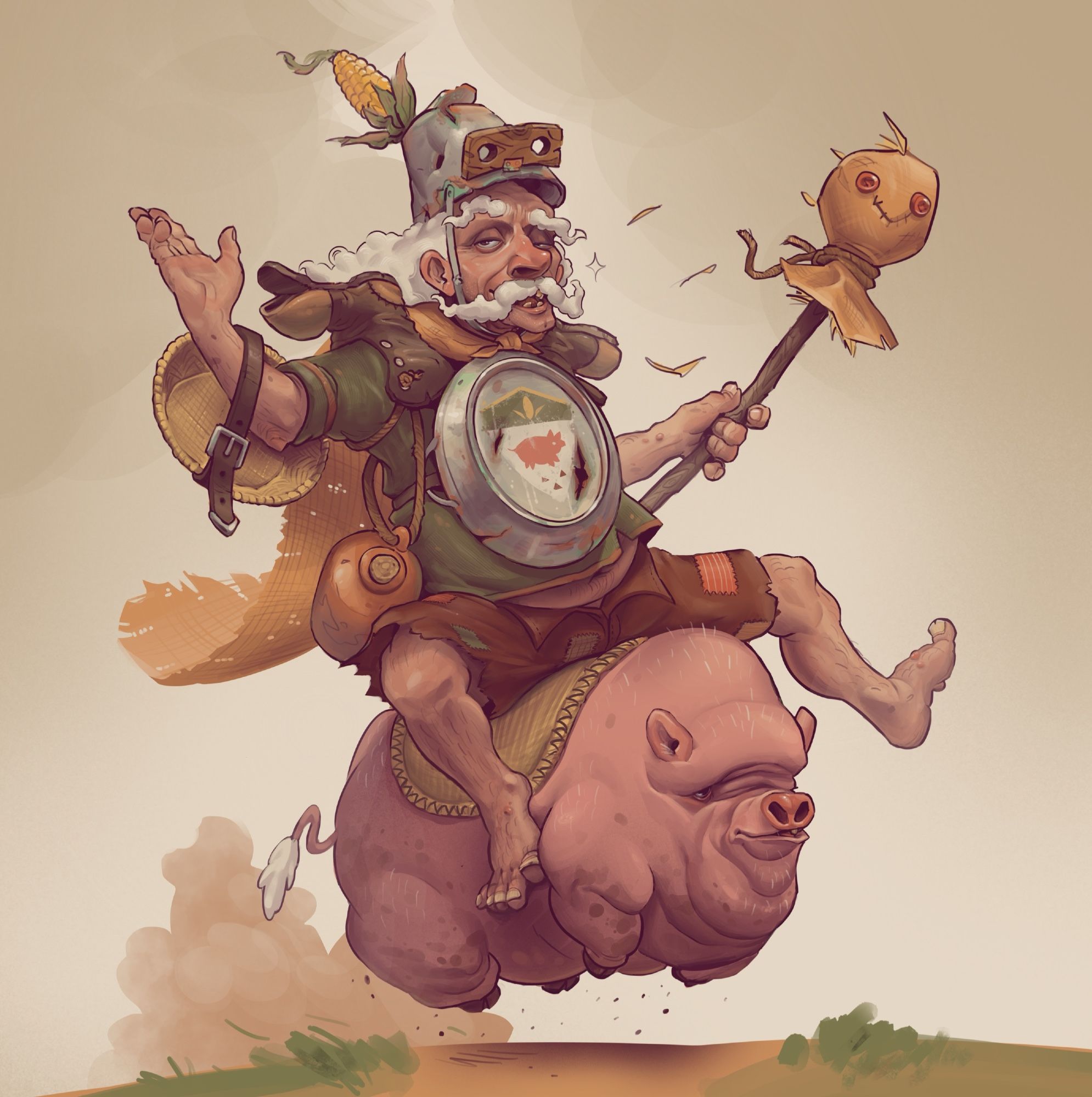 The brown knight atop his might pig steed