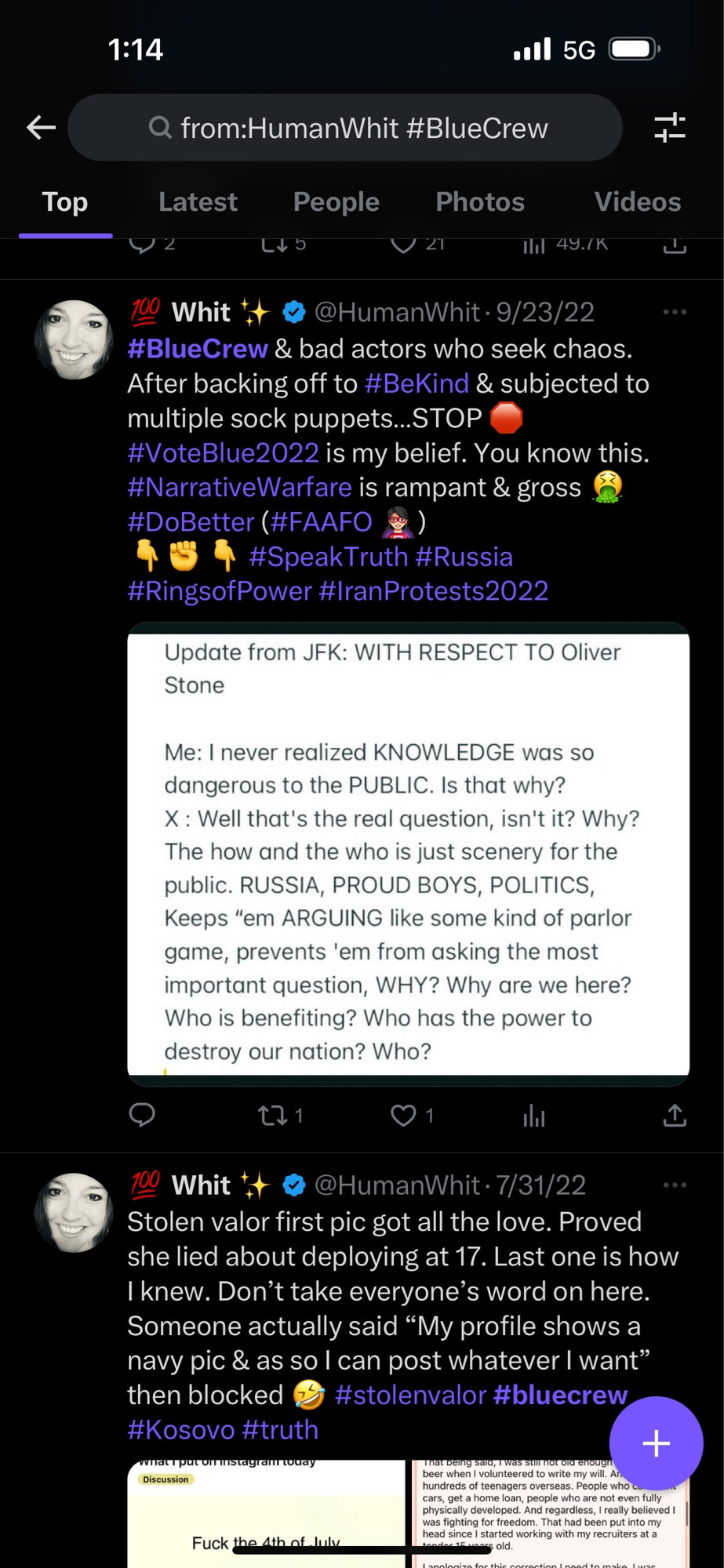 #BlueCrew & bad actors who seek chaos.
After backing off to #BeKind & subjected to multiple sock puppets...STOP
#VoteBlue2022 is my belief. You know this.
#NarrativeWarfare is rampant & gross
#DoBetter (#FAAFO
灣）
#SpeakTruth #Russia
#RingsofPower #ranProtests2022
Update from JFK: WITH RESPECT TO Oliver
Stone
Me: I never realized KNOWLEDGE was so dangerous to the PUBLIC. Is that why?
X: Well that's the real question, isn't it? Why?
The how and the who is just scenery for the public. RUSSIA, PROUD BOYS, POLITICS, Keeps "em ARGUING like some kind of parlor game, prevents 'em from asking the most important question, WHY? Why are we here?
Who is benefiting? Who has the power to destroy our nation? Who?