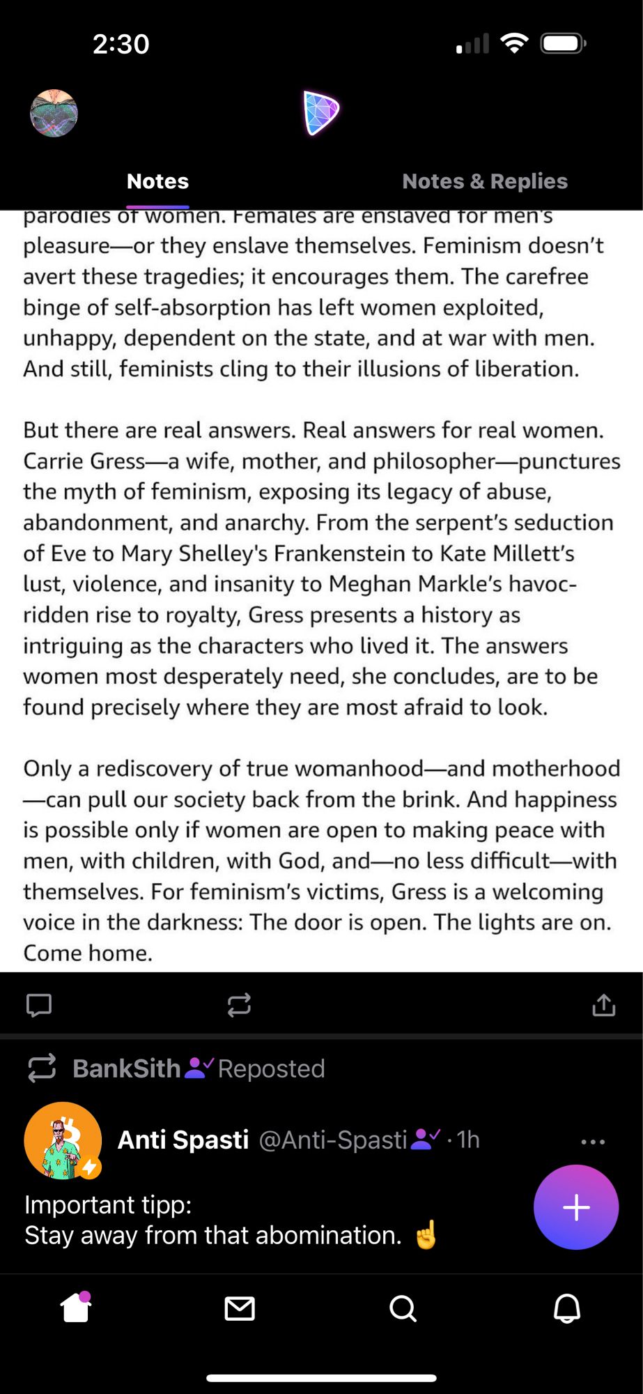 2:30
Notes
Notes & Replies
parodies or women. Females are enslaved tor men's pleasure—or they enslave themselves. Feminism doesn't avert these tragedies; it encourages them. The carefree binge of self-absorption has left women exploited, unhappy, dependent on the state, and at war with men.
And still, feminists cling to their illusions of liberation.
But there are real answers. Real answers for real women.
Carrie Gress—a wife, mother, and philosopher-punctures the myth of feminism, exposing its legacy of abuse, abandonment, and anarchy. From the serpent's seduction of Eve to Mary Shelley's Frankenstein to Kate Millett's lust, violence, and insanity to Meghan Markle's havoc-ridden rise to royalty, Gress presents a history as intriguing as the characters who lived it. The answers women most desperately need, she concludes, are to be found precisely where they are most afraid to look.
Only a rediscovery of true womanhood-and motherhood
—can pull our society back from the brink. And happin