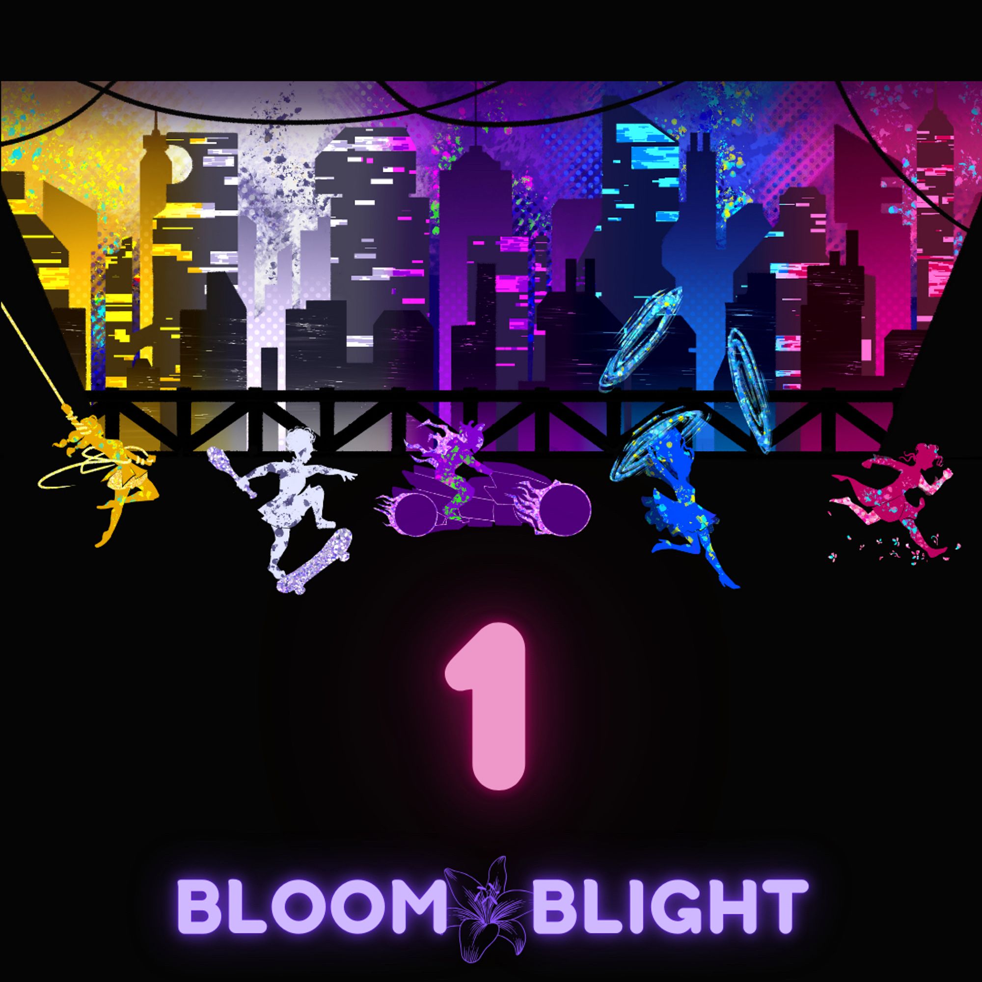 Countdown image for the Bloom&Blight season finale. Five figures are seen racing across the black silouhette of a bridge, each in a different colour. From left to right, Daffodil is in yellow, swinging in on a rope; Belladonna is in white, skateboarding and holding a baseball bat; Wolfsbane is in purple, riding his flaming motorcycle; Larkspur is in blue, leaping from a portal; and Lily is in pink, running and kicking up flower petals.

Below the image, the number 1 is glowing in pink. The logo for Bloom&Blight is in purple below.